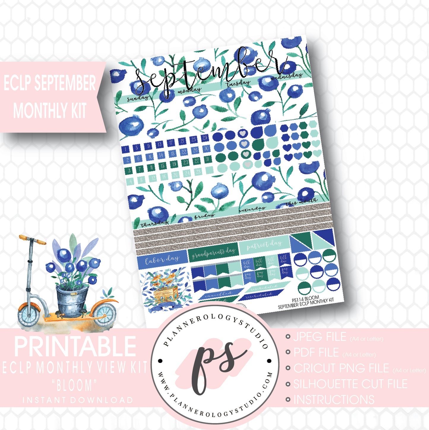 "Bloom" September 2017 Monthly View Kit Printable Planner Stickers (for use with ECLP) - Plannerologystudio