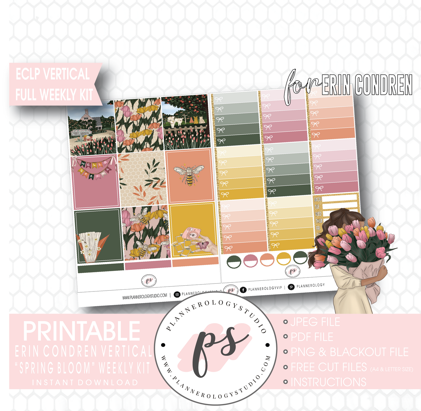 Spring Bloom Full Weekly Kit Printable Planner Digital Stickers (for use with Erin Condren Vertical) - Plannerologystudio