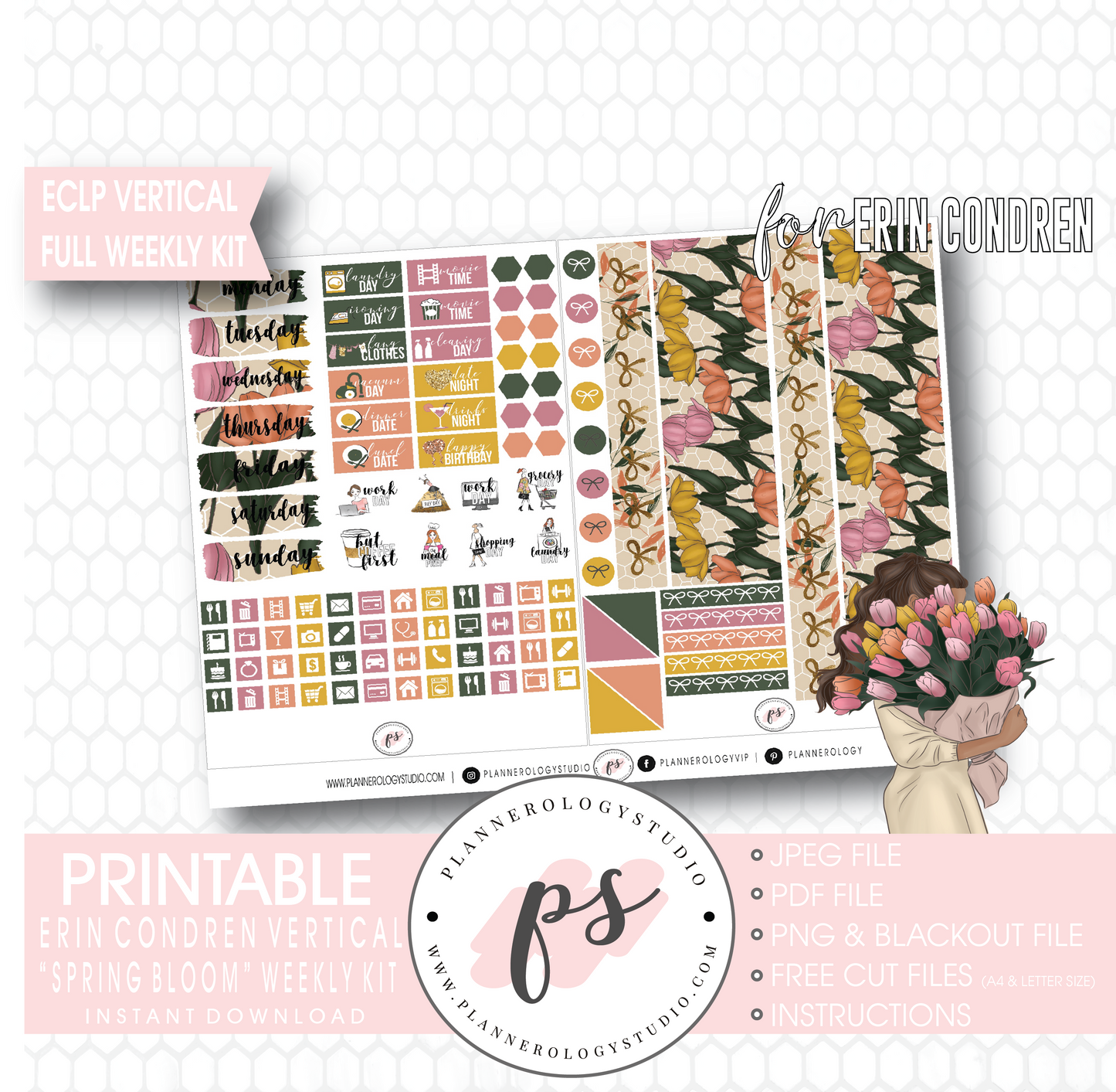 Spring Bloom Full Weekly Kit Printable Planner Digital Stickers (for use with Erin Condren Vertical) - Plannerologystudio