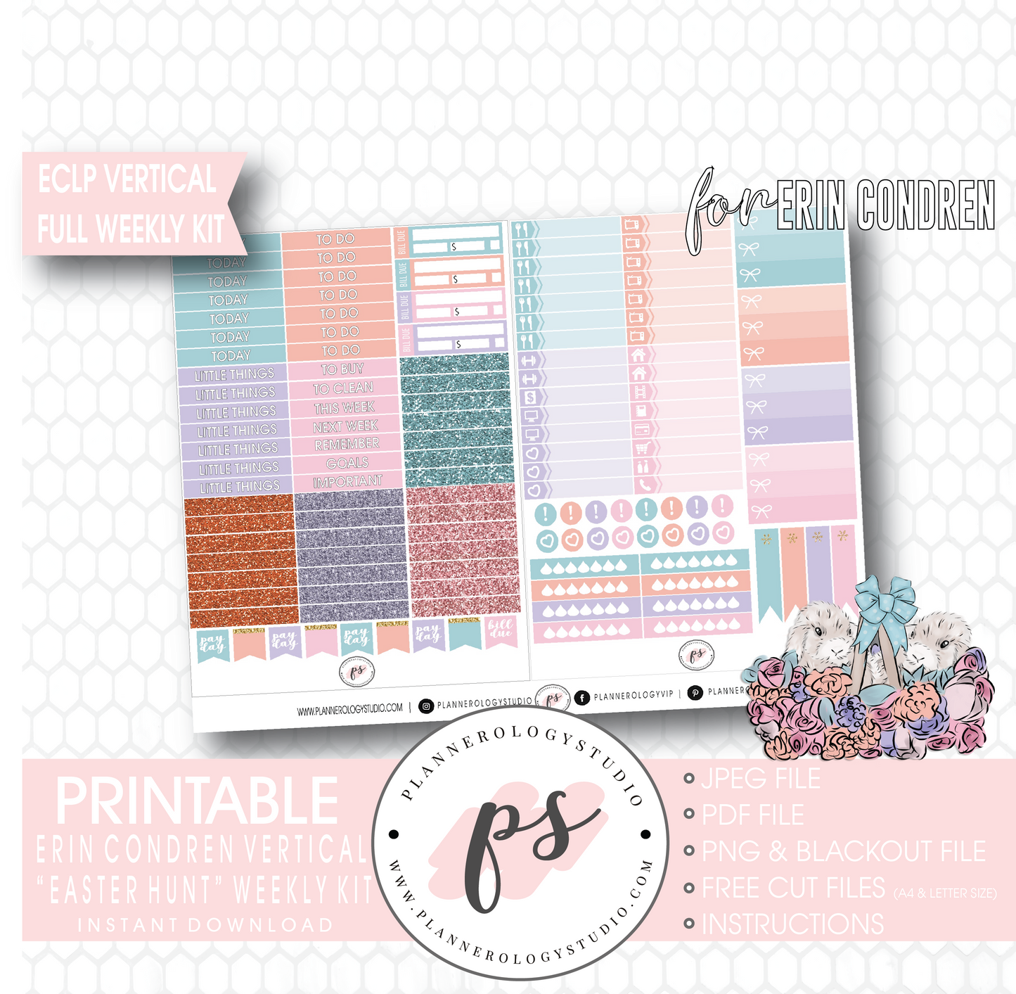 Easter Hunt Full Weekly Kit Printable Planner Digital Stickers (for use with Erin Condren Vertical - Plannerologystudio