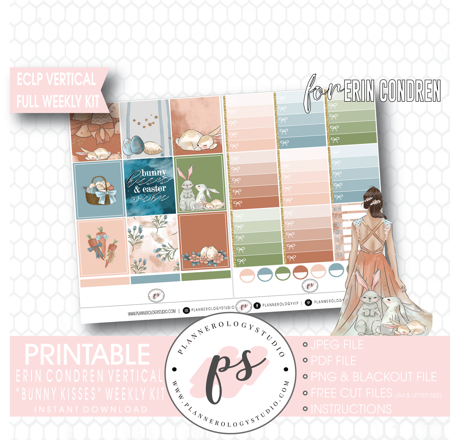 Bunny Kisses Full Weekly Kit Printable Planner Digital Stickers (for use with Erin Condren Vertical - Plannerologystudio