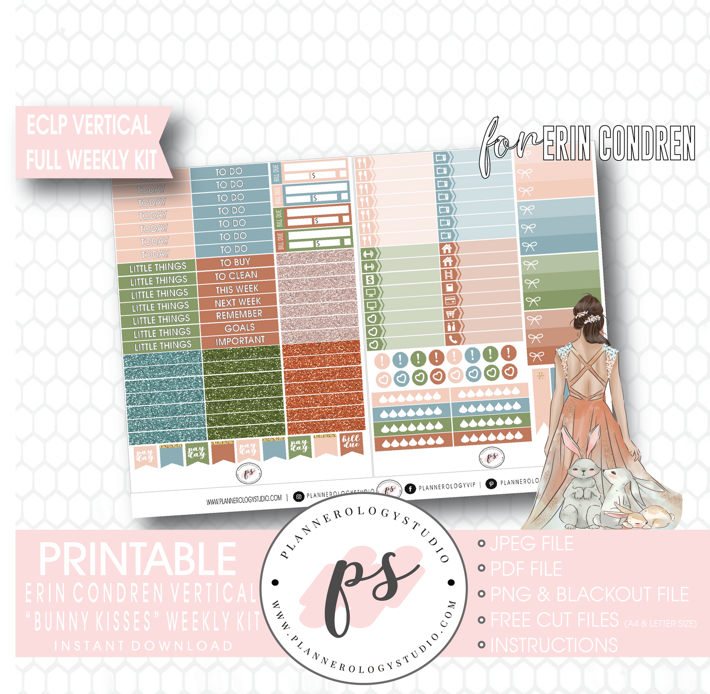 Bunny Kisses Full Weekly Kit Printable Planner Digital Stickers (for use with Erin Condren Vertical - Plannerologystudio