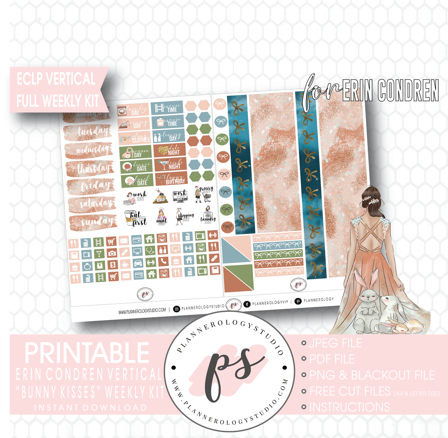 Bunny Kisses Full Weekly Kit Printable Planner Digital Stickers (for use with Erin Condren Vertical - Plannerologystudio