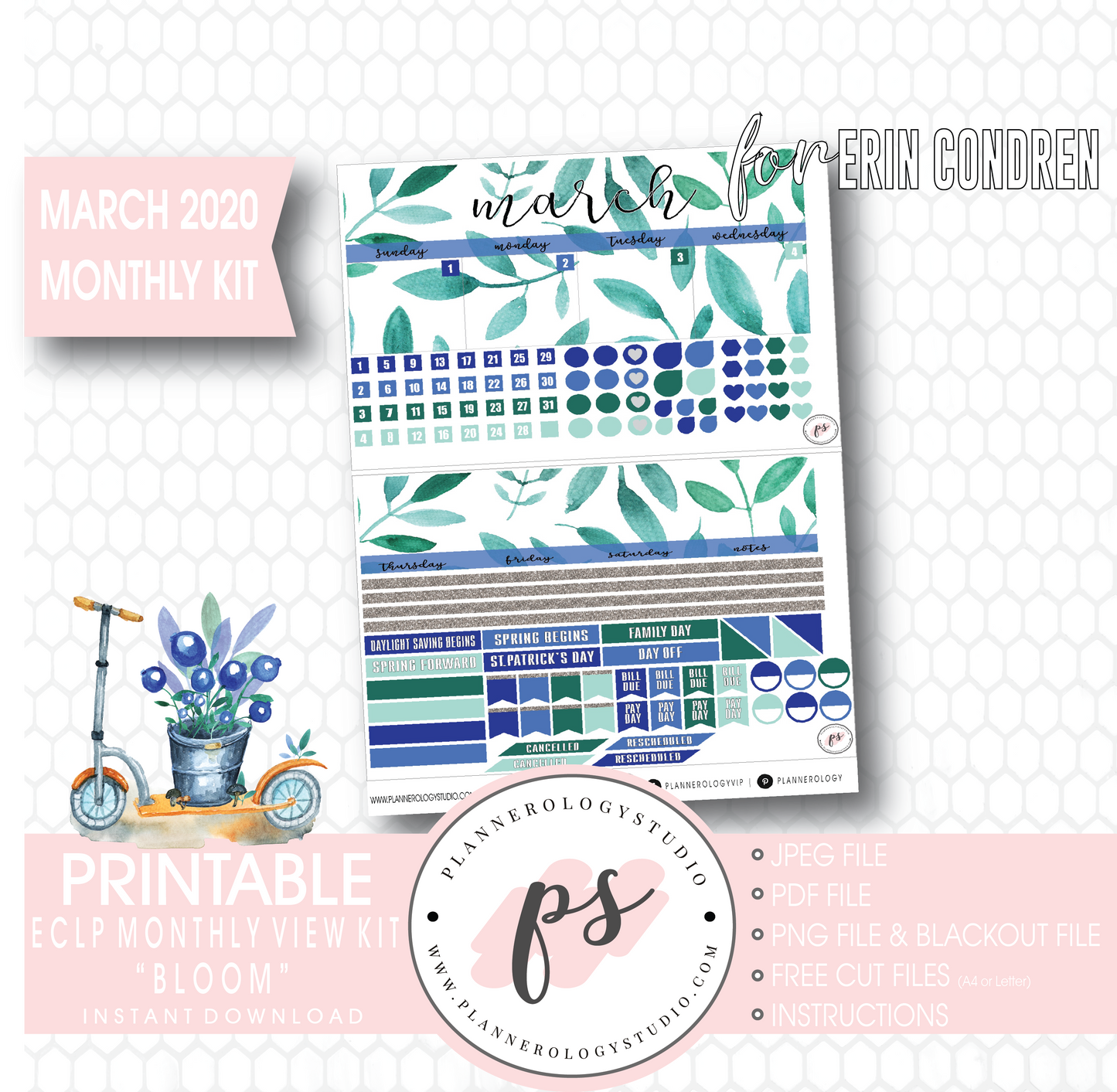 Bloom March 2020 Monthly View Kit Digital Printable Planner Stickers (for use with Erin Condren) - Plannerologystudio