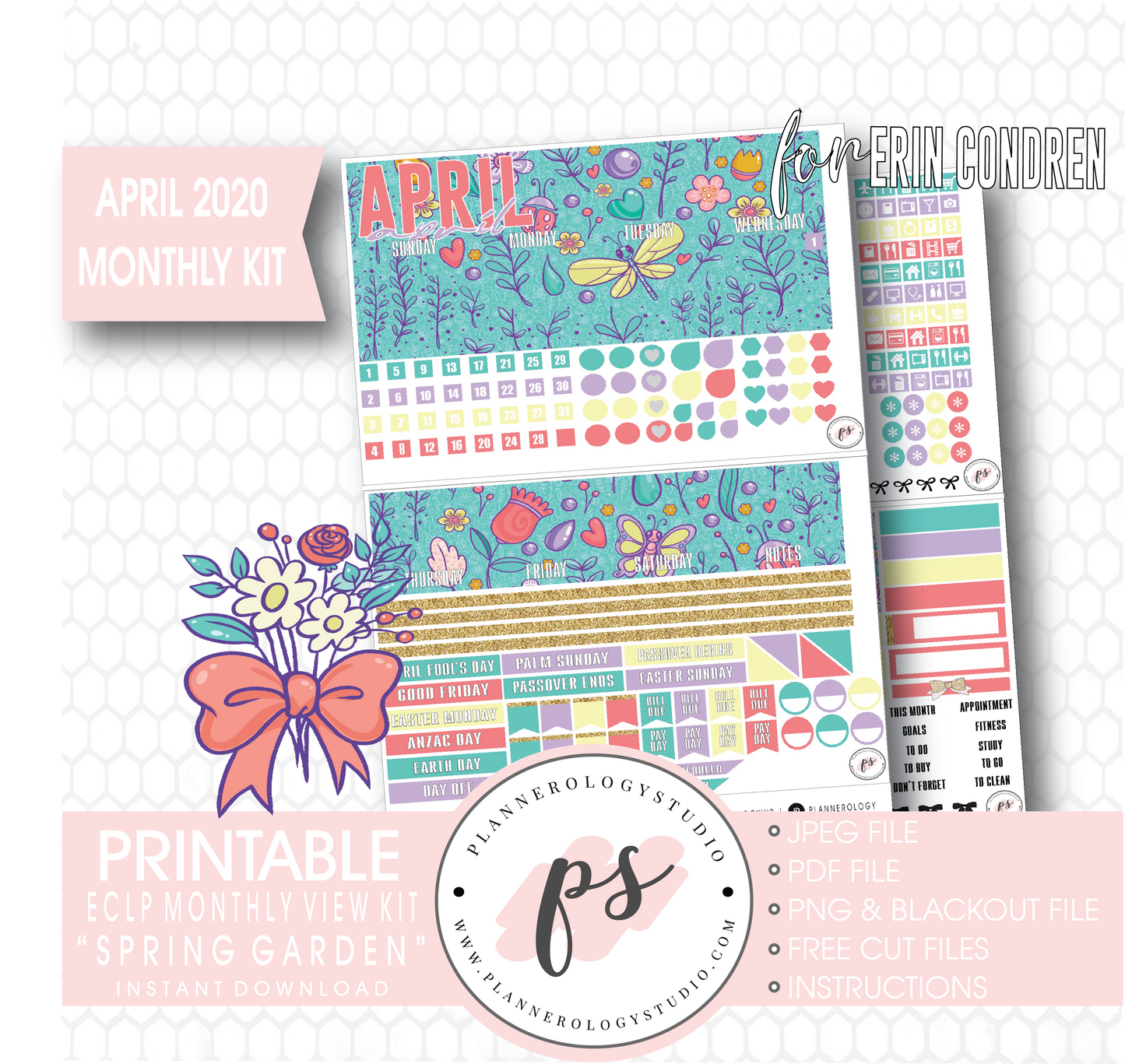 Spring Garden April 2020 Easter Monthly View Kit Digital Printable Planner Stickers (for use with Erin Condren) - Plannerologystudio