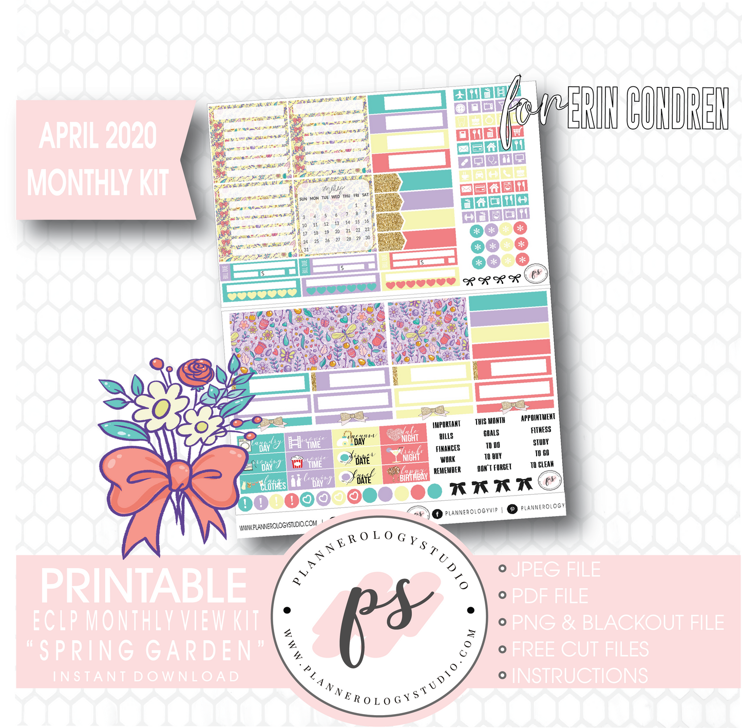 Spring Garden April 2020 Easter Monthly View Kit Digital Printable Planner Stickers (for use with Erin Condren) - Plannerologystudio