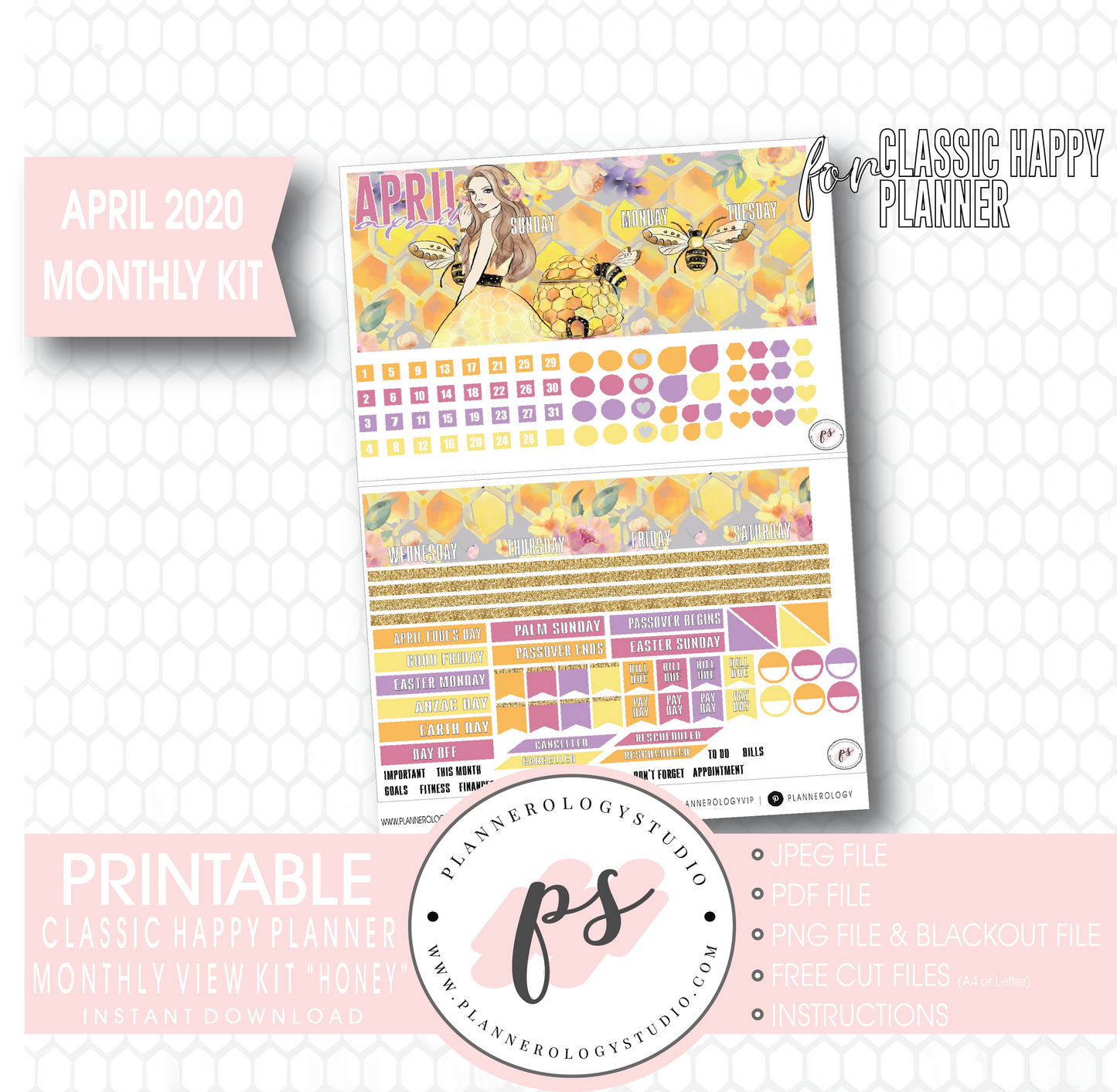 Honey April 2020 Monthly View Kit Digital Printable Planner Stickers (for use with Classic Happy Planner) - Plannerologystudio