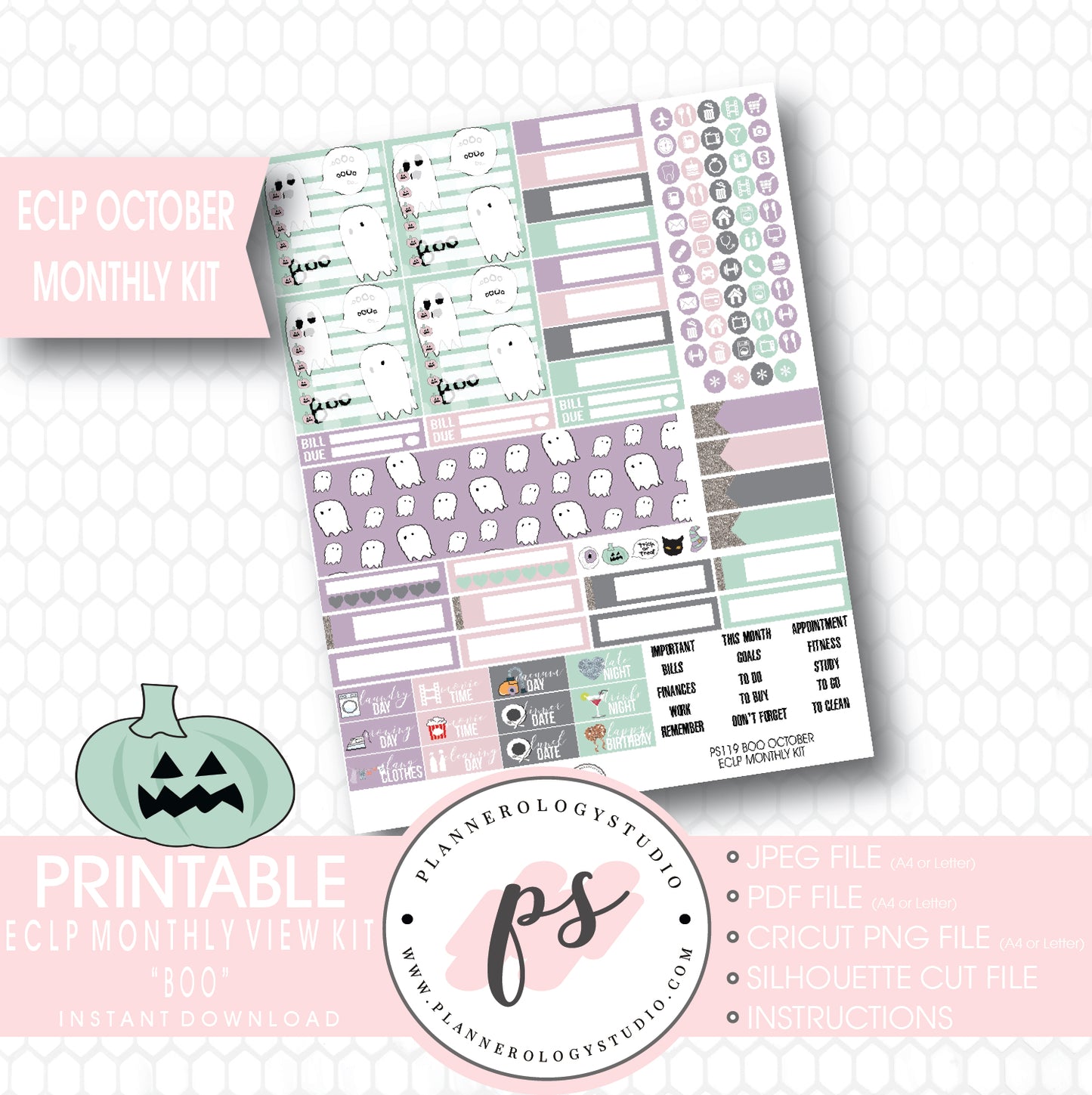 "Boo" October 2017 Halloween Monthly View Kit Printable Planner Stickers (for use with ECLP) - Plannerologystudio