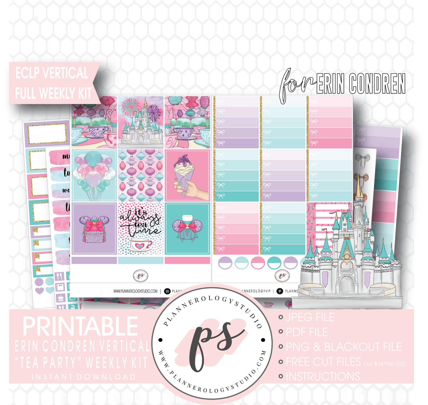 Tea Party Full Weekly Kit Printable Planner Digital Stickers (for use with Erin Condren Vertical) - Plannerologystudio