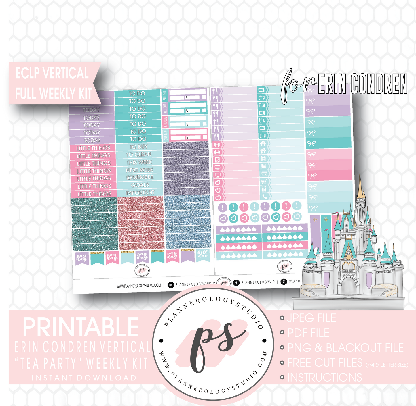 Tea Party Full Weekly Kit Printable Planner Digital Stickers (for use with Erin Condren Vertical) - Plannerologystudio