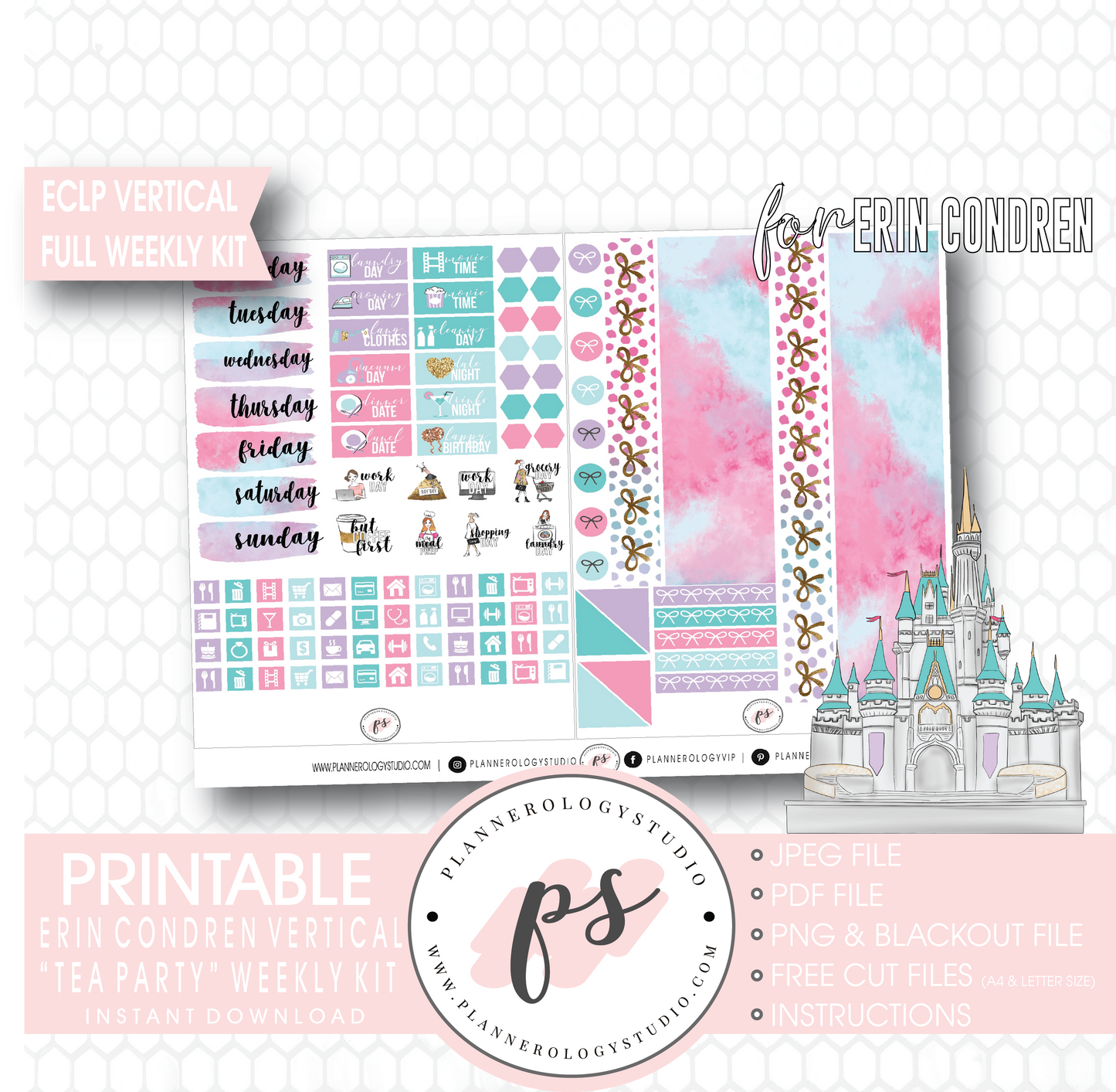 Tea Party Full Weekly Kit Printable Planner Digital Stickers (for use with Erin Condren Vertical) - Plannerologystudio