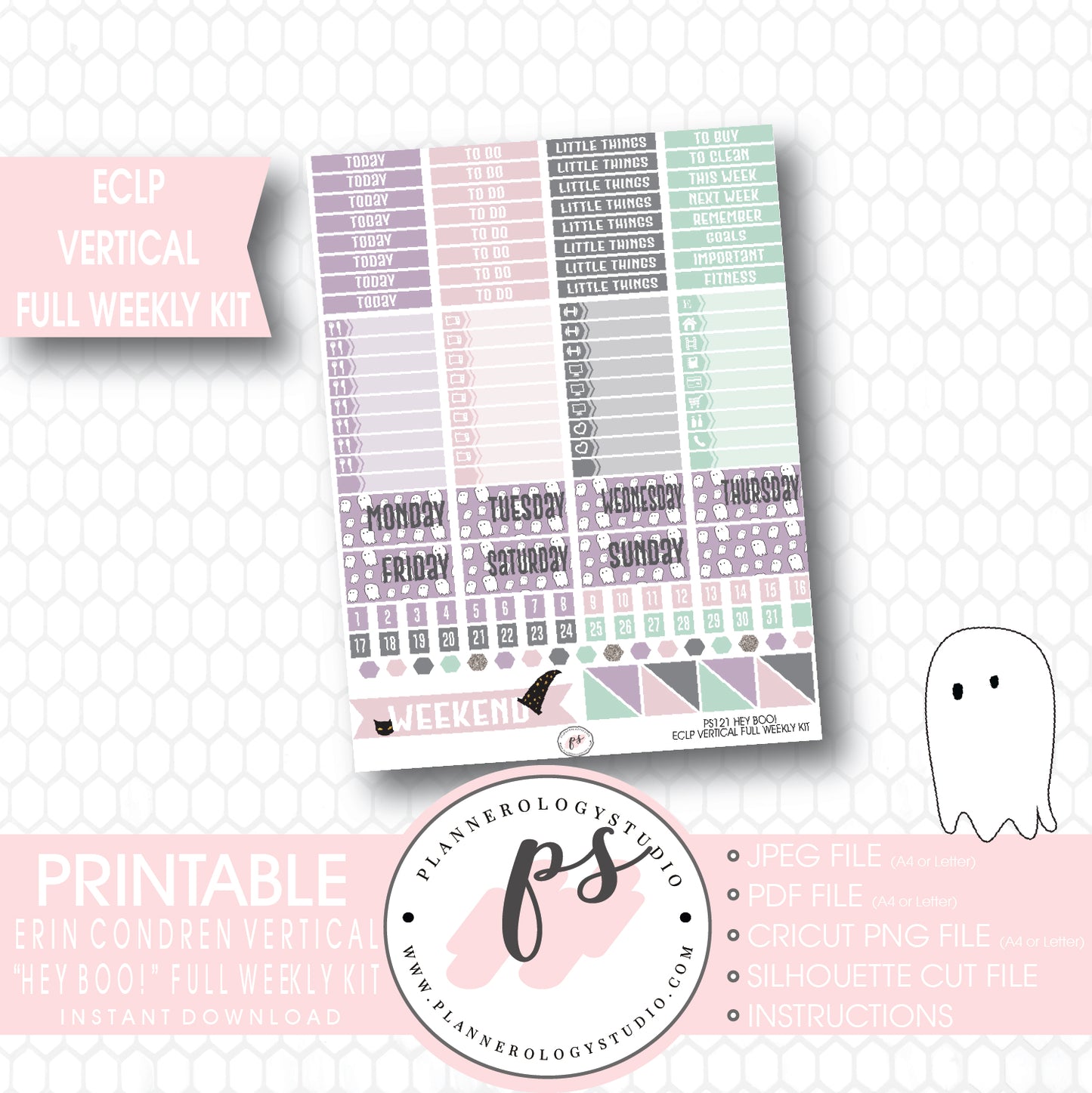 Hey Boo! Full Weekly Kit Printable Planner Stickers (for use with ECLP Vertical) - Plannerologystudio