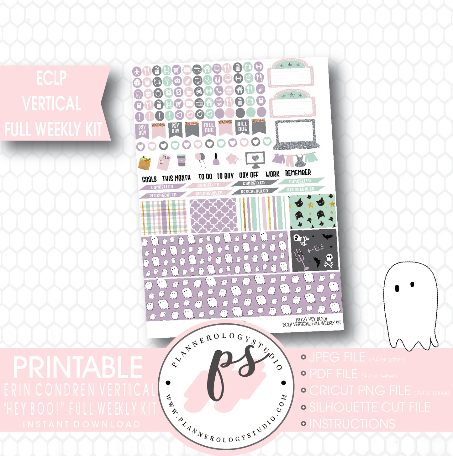 Hey Boo! Full Weekly Kit Printable Planner Stickers (for use with ECLP Vertical) - Plannerologystudio