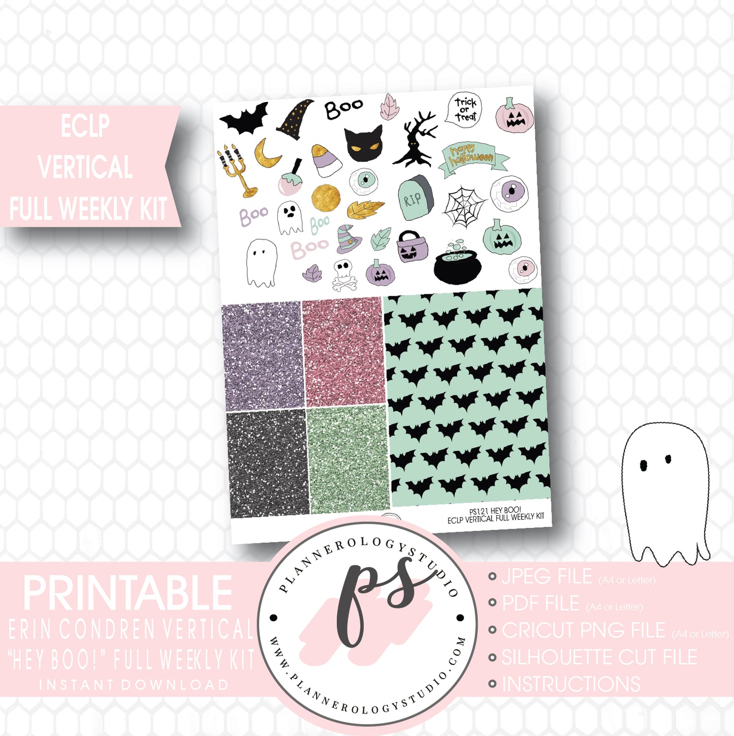 Hey Boo! Full Weekly Kit Printable Planner Stickers (for use with ECLP Vertical) - Plannerologystudio