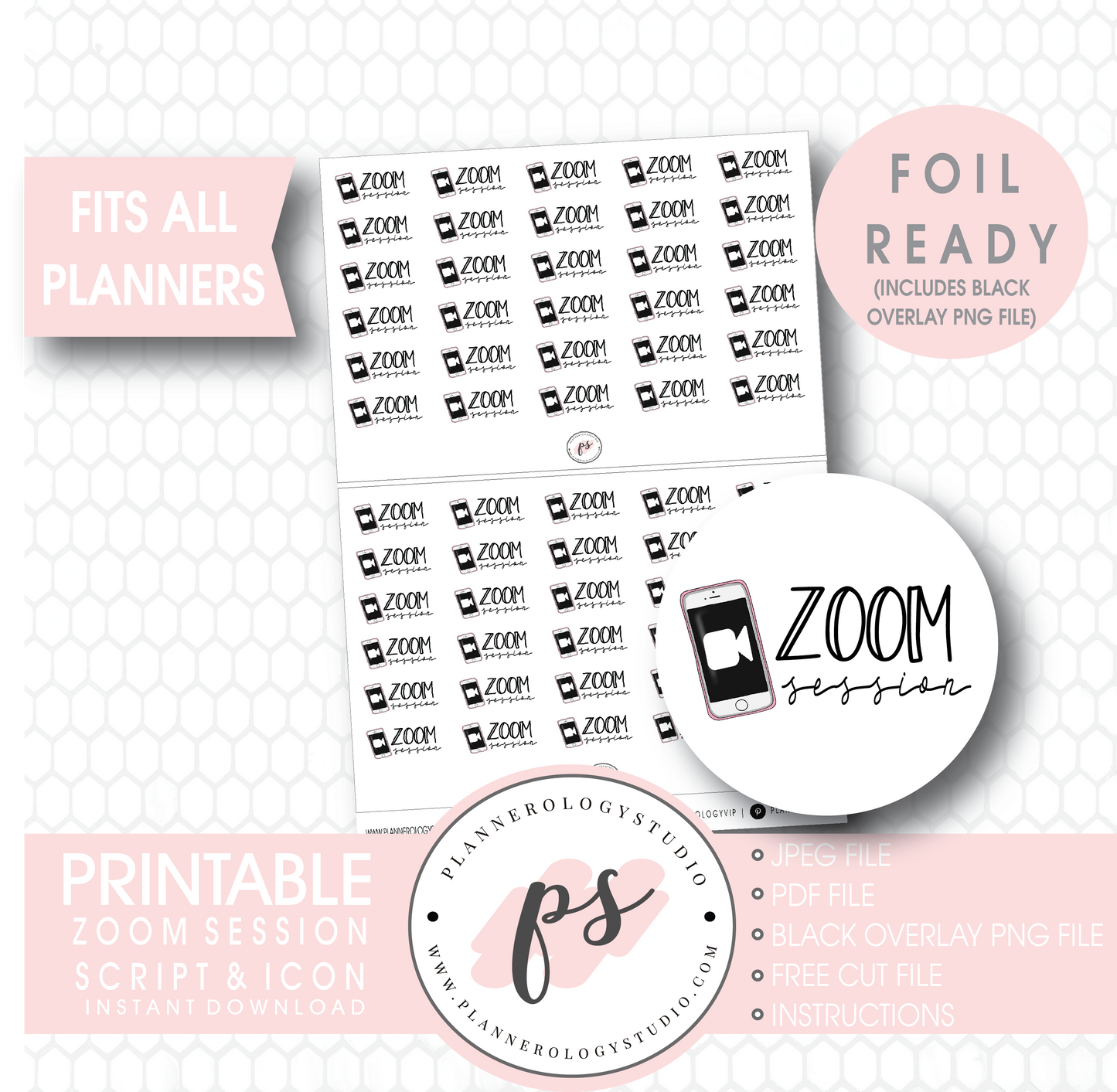 Zoom Session Bujo Script & Icon Digital Printable Planner Stickers (Foil Ready) - Plannerologystudio