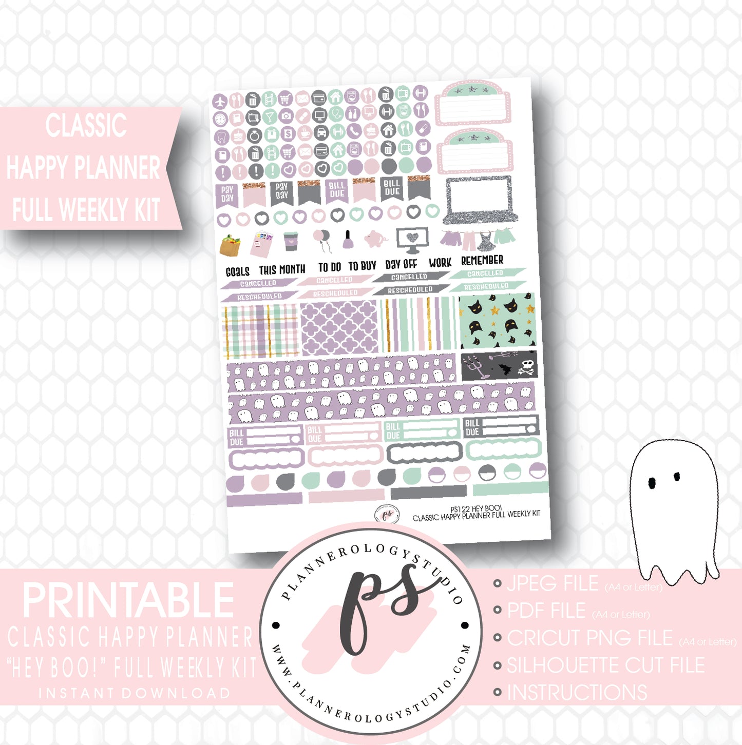 Hey Boo! Full Weekly Kit Printable Planner Stickers (for use with Classic Happy Planner) - Plannerologystudio