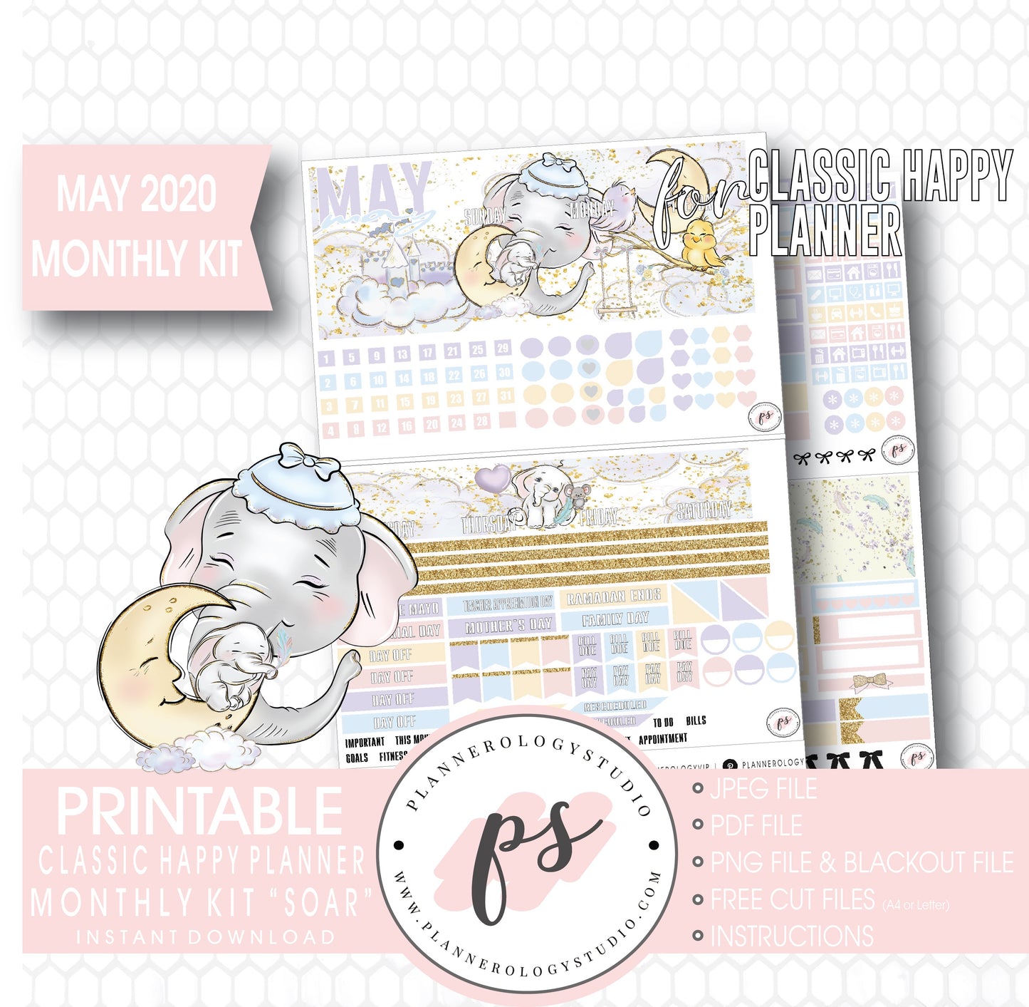 Soar (Dumbo Inspired) May 2020 Monthly View Kit Digital Printable Planner Stickers (for use with Classic Happy Planner) - Plannerologystudio