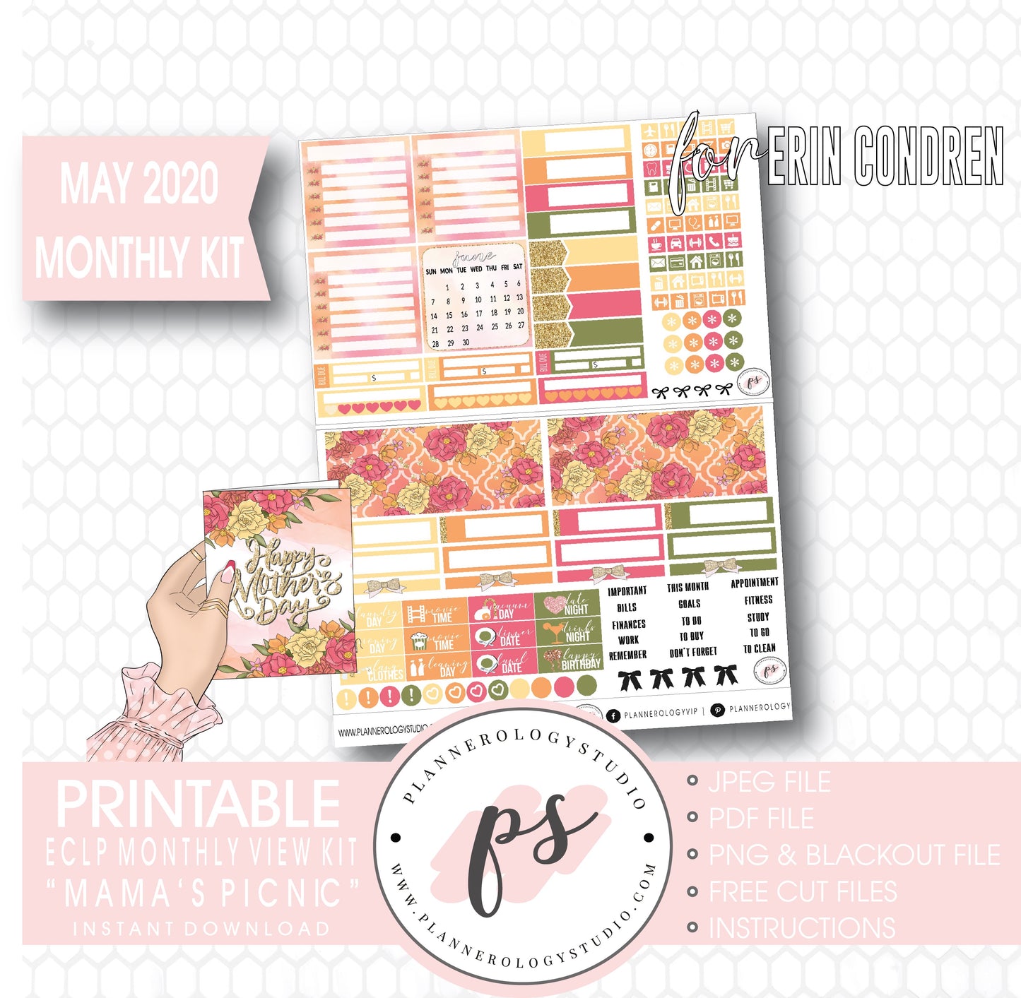 Mama's Picnic May 2020 Monthly View Kit Digital Printable Planner Stickers (for use with Erin Condren) - Plannerologystudio