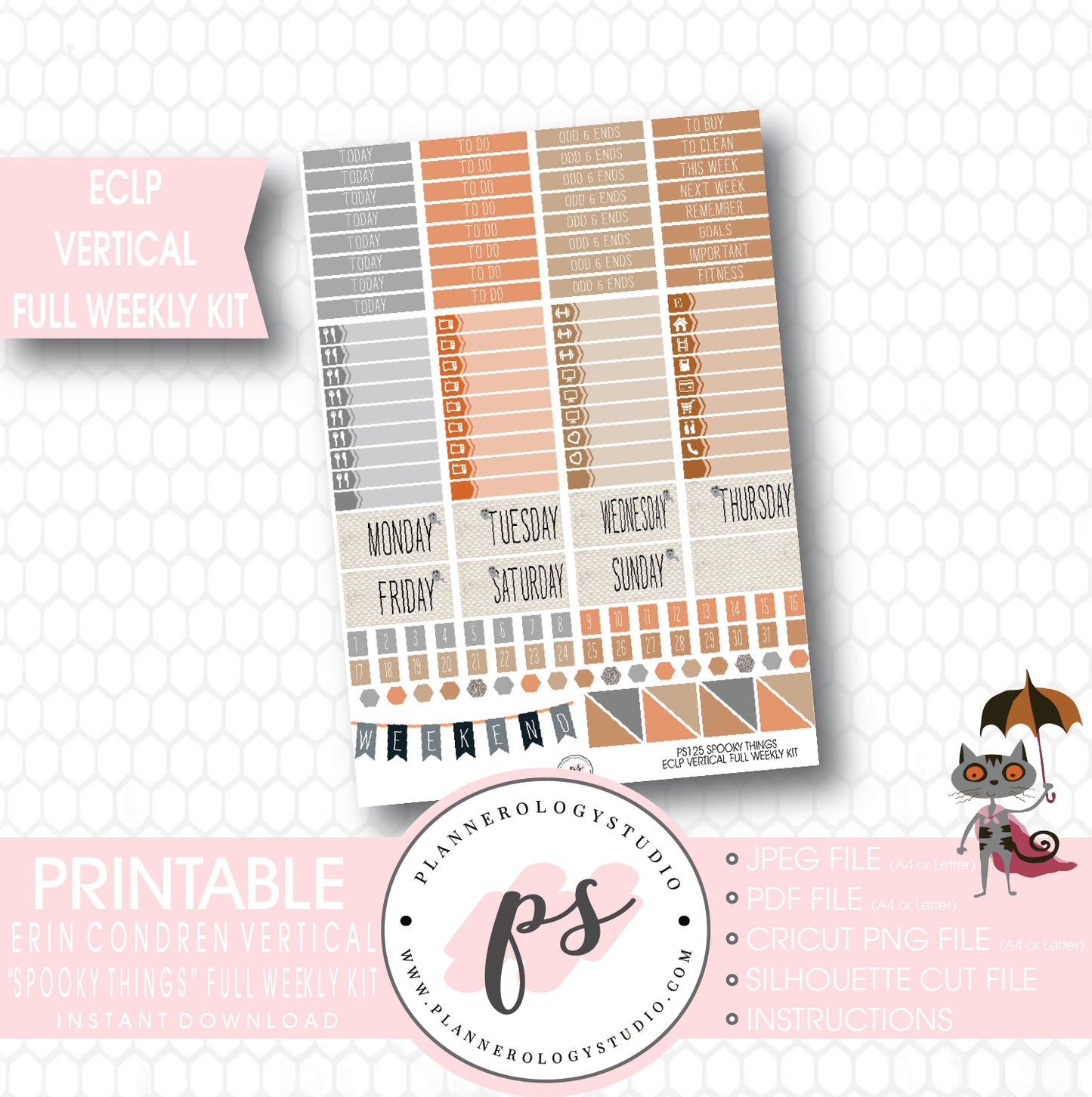 Spooky Things Full Weekly Kit Printable Planner Stickers (for use with ECLP Vertical) - Plannerologystudio