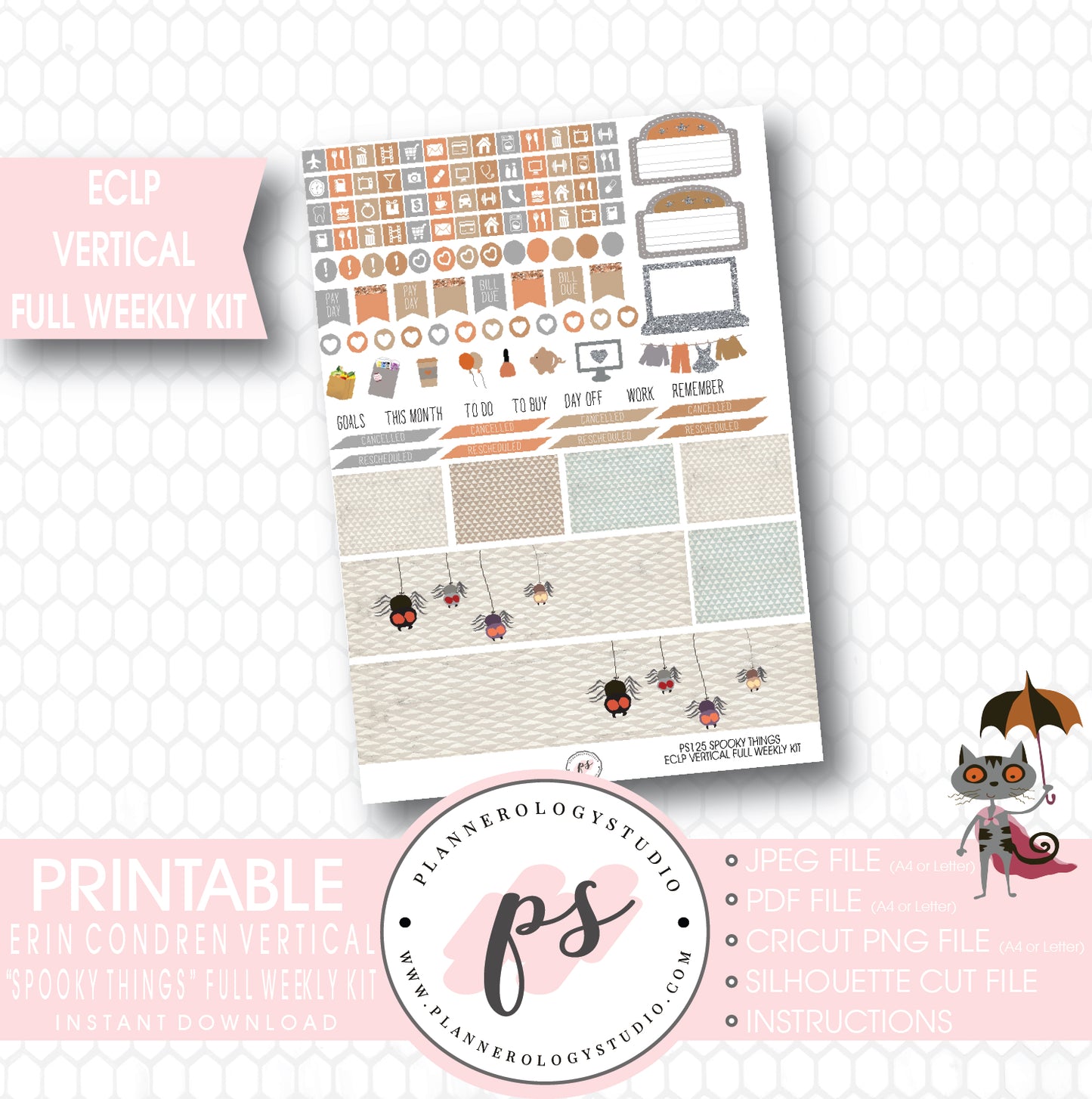 Spooky Things Full Weekly Kit Printable Planner Stickers (for use with ECLP Vertical) - Plannerologystudio