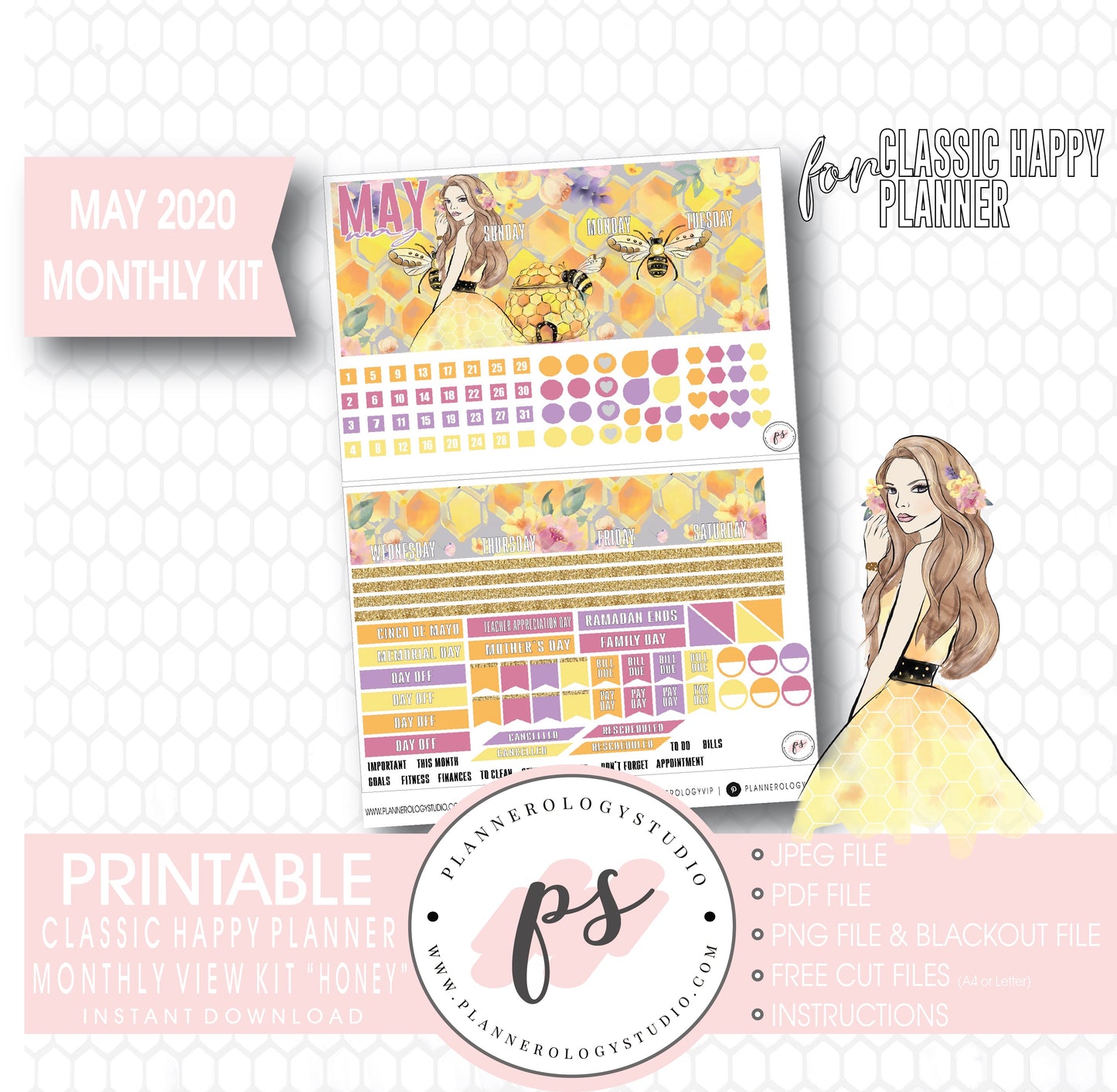 Honey May 2020 Monthly View Kit Digital Printable Planner Stickers (for use with Classic Happy Planner) - Plannerologystudio