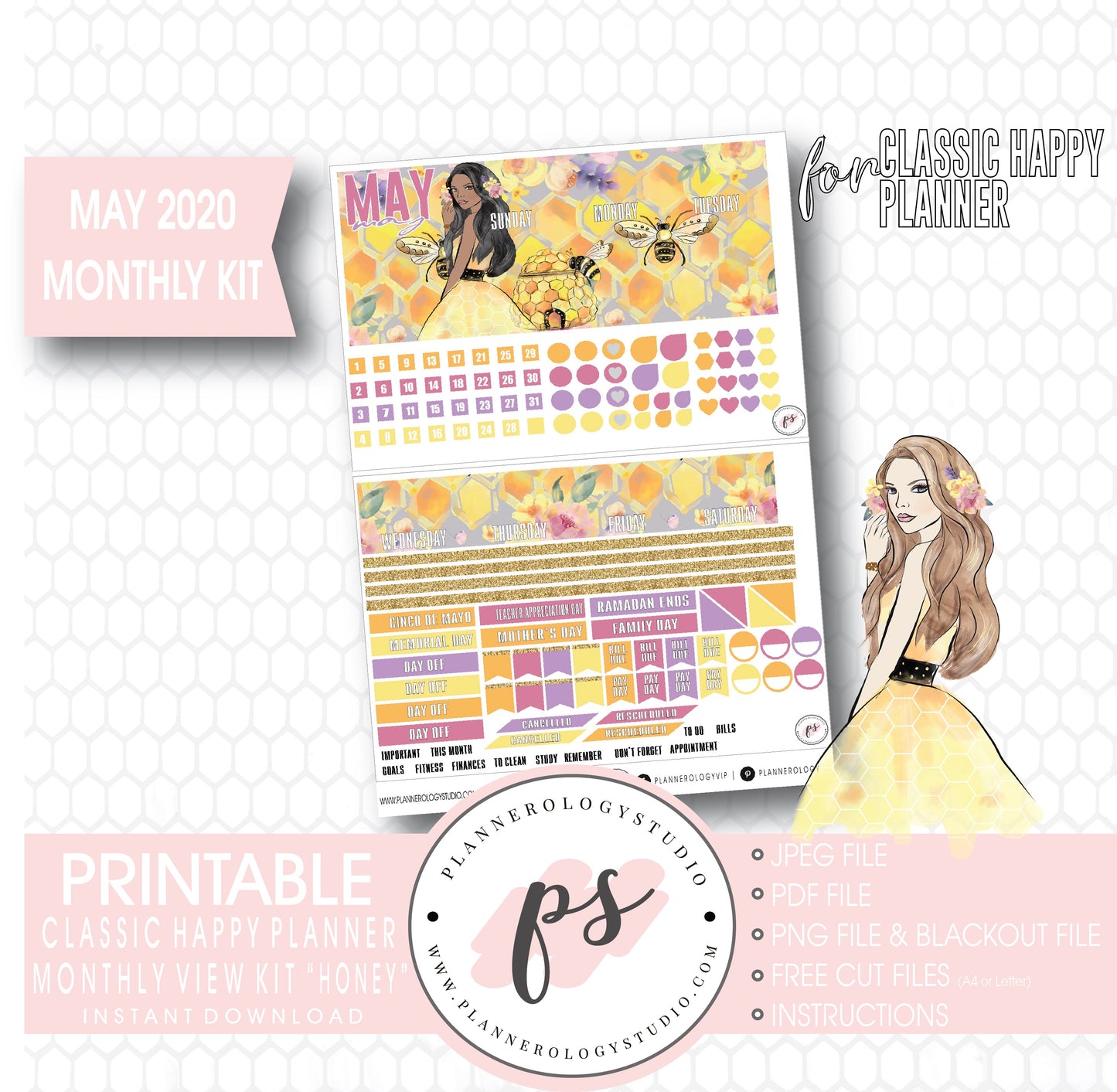 Honey May 2020 Monthly View Kit Digital Printable Planner Stickers (for use with Classic Happy Planner) - Plannerologystudio