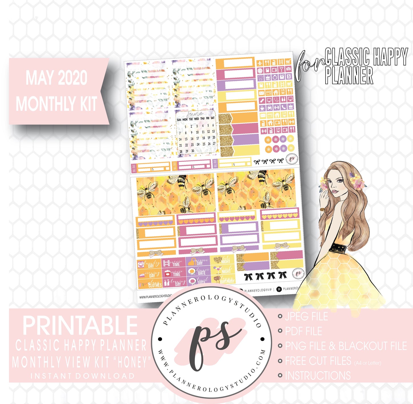 Honey May 2020 Monthly View Kit Digital Printable Planner Stickers (for use with Classic Happy Planner) - Plannerologystudio