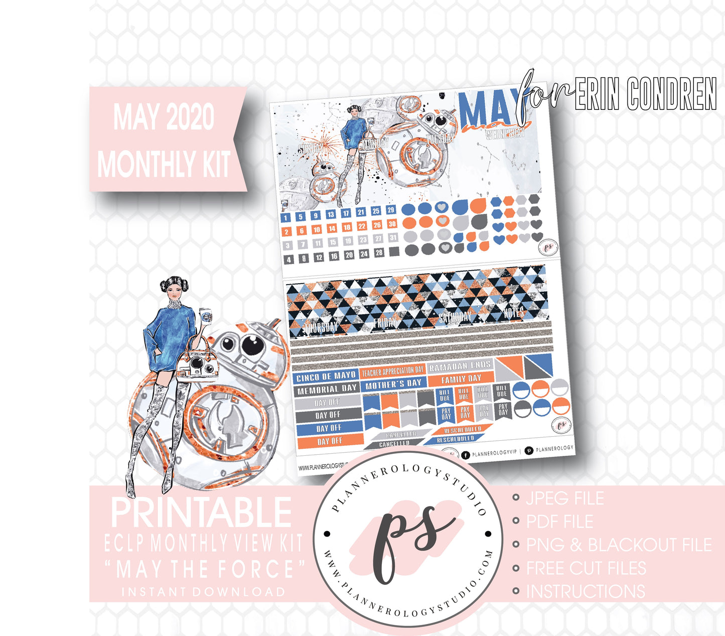 May the Force (Star Wars) May 2020 Monthly View Kit Digital Printable Planner Stickers (for use with Erin Condren) - Plannerologystudio