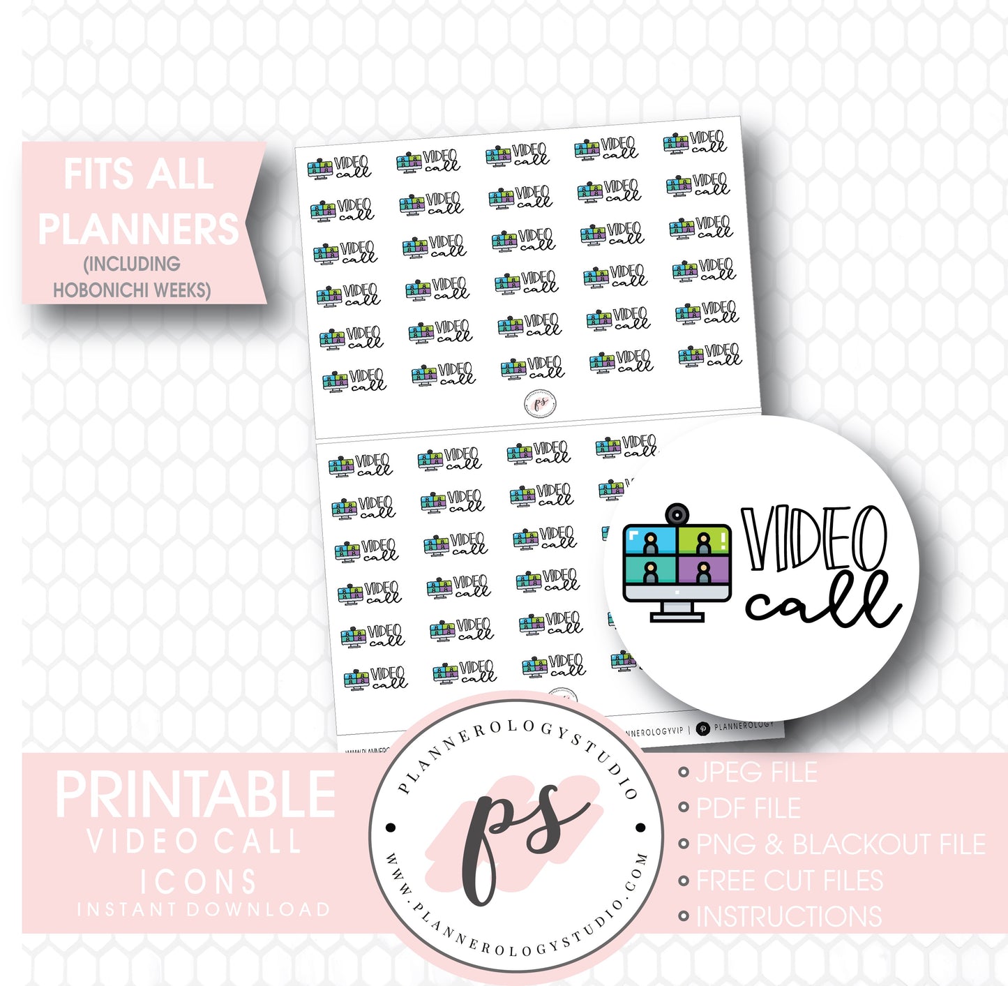 Video Call Bujo Script & Icon Digital Printable Planner Stickers - Plannerologystudio