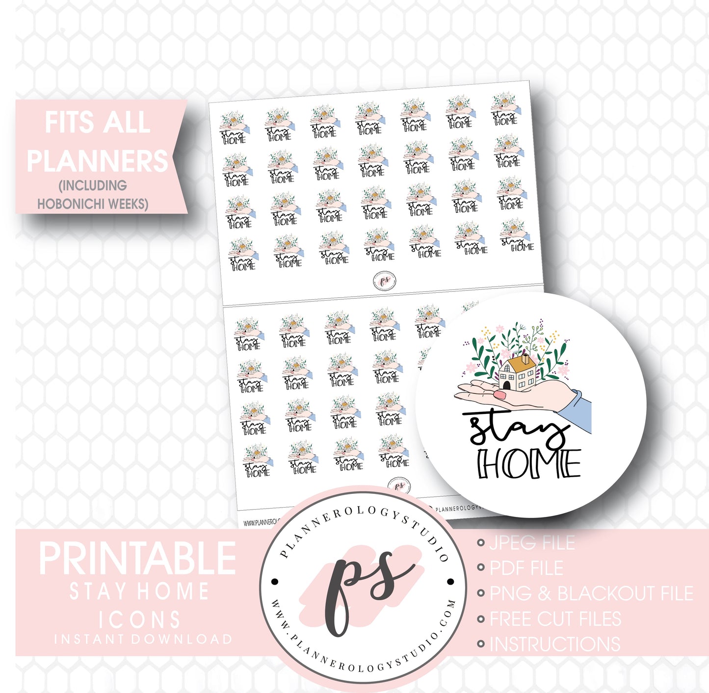 Stay Home Bujo Script & Icon Digital Printable Planner Stickers - Plannerologystudio