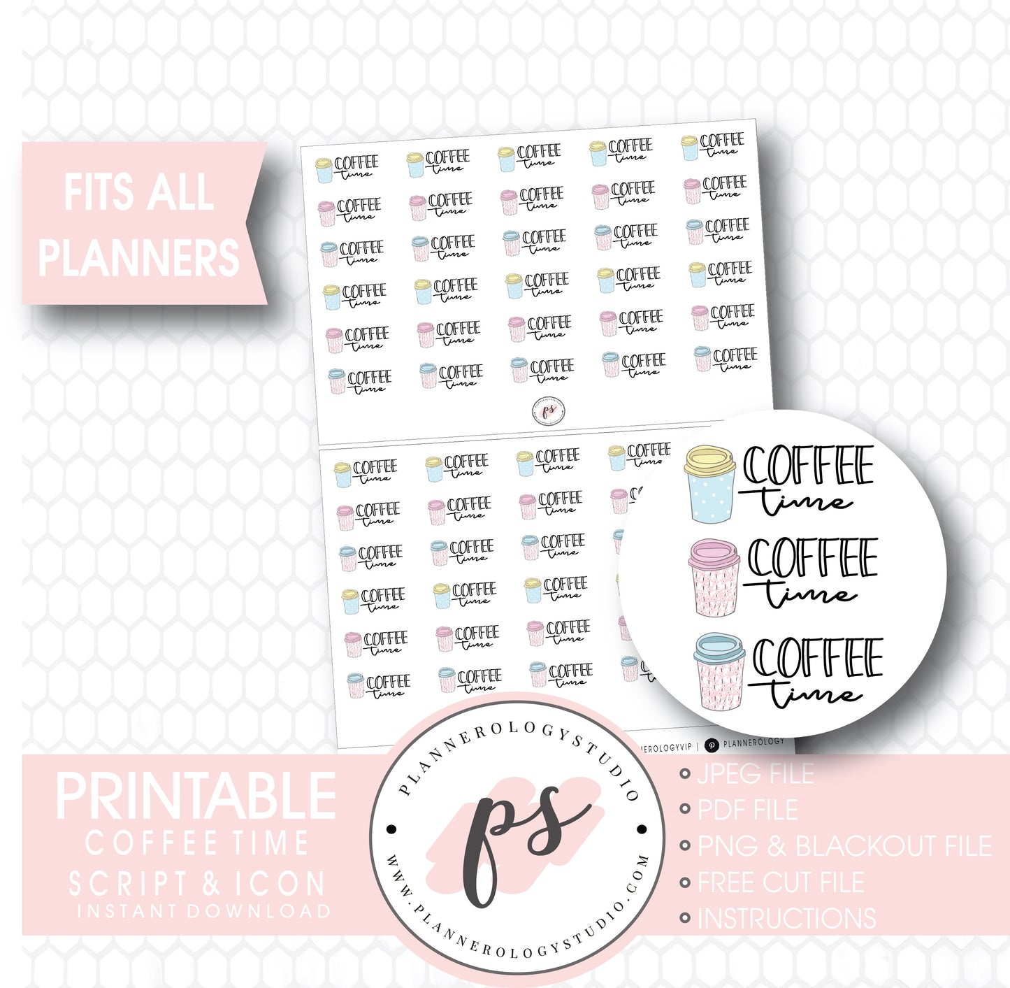 Coffee Time Bujo Script & Icon Digital Printable Planner Stickers - Plannerologystudio