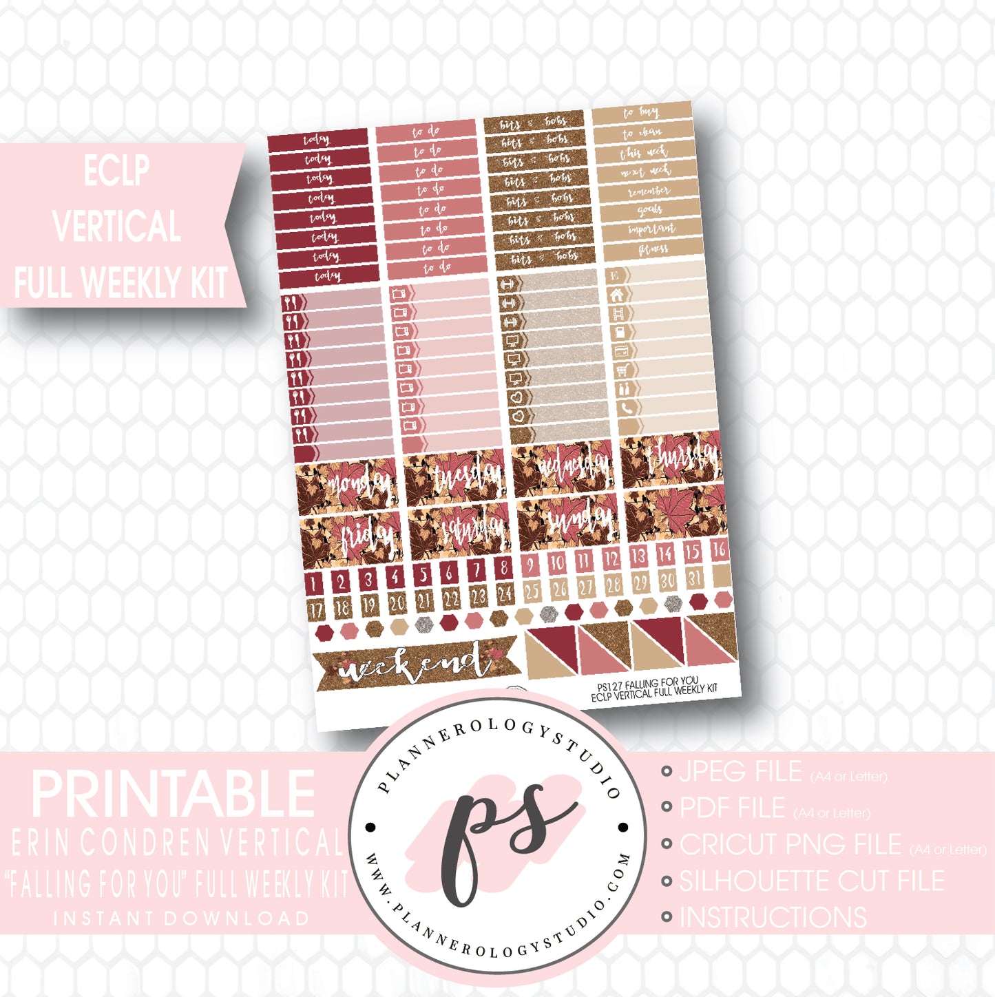 Falling For You Full Weekly Kit Printable Planner Stickers (for use with ECLP Vertical) - Plannerologystudio