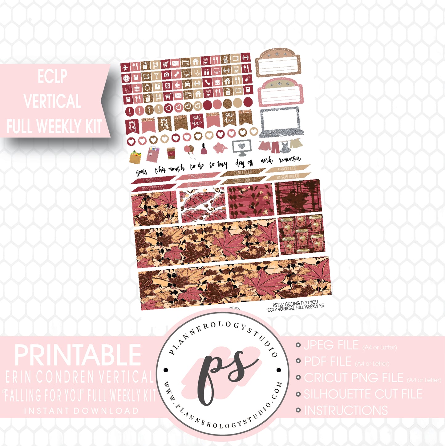 Falling For You Full Weekly Kit Printable Planner Stickers (for use with ECLP Vertical) - Plannerologystudio