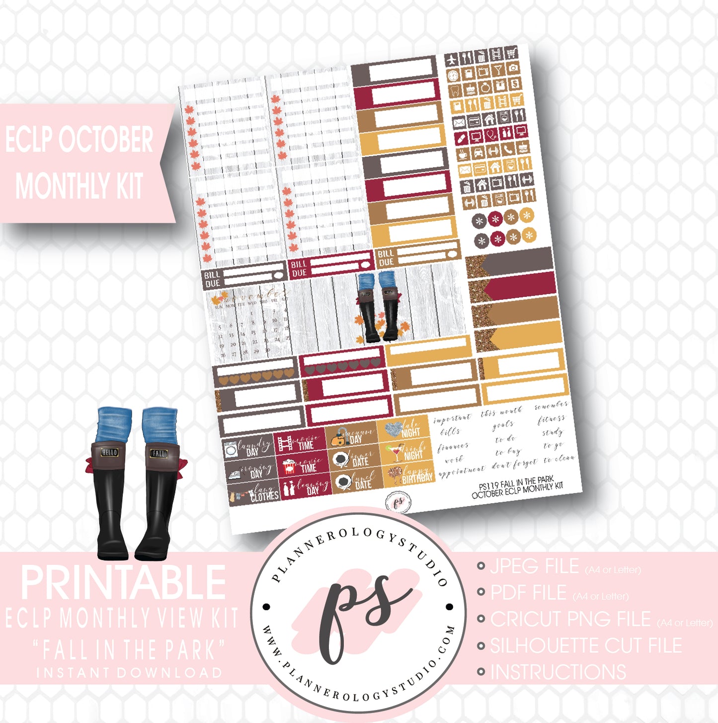 "Fall in the Park" October 2017 Monthly View Kit Printable Planner Stickers (for use with ECLP) - Plannerologystudio