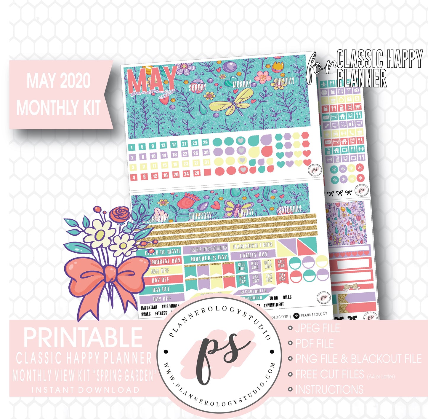 Spring Garden May 2020 Monthly View Kit Digital Printable Planner Stickers (for use with Classic Happy Planner) - Plannerologystudio