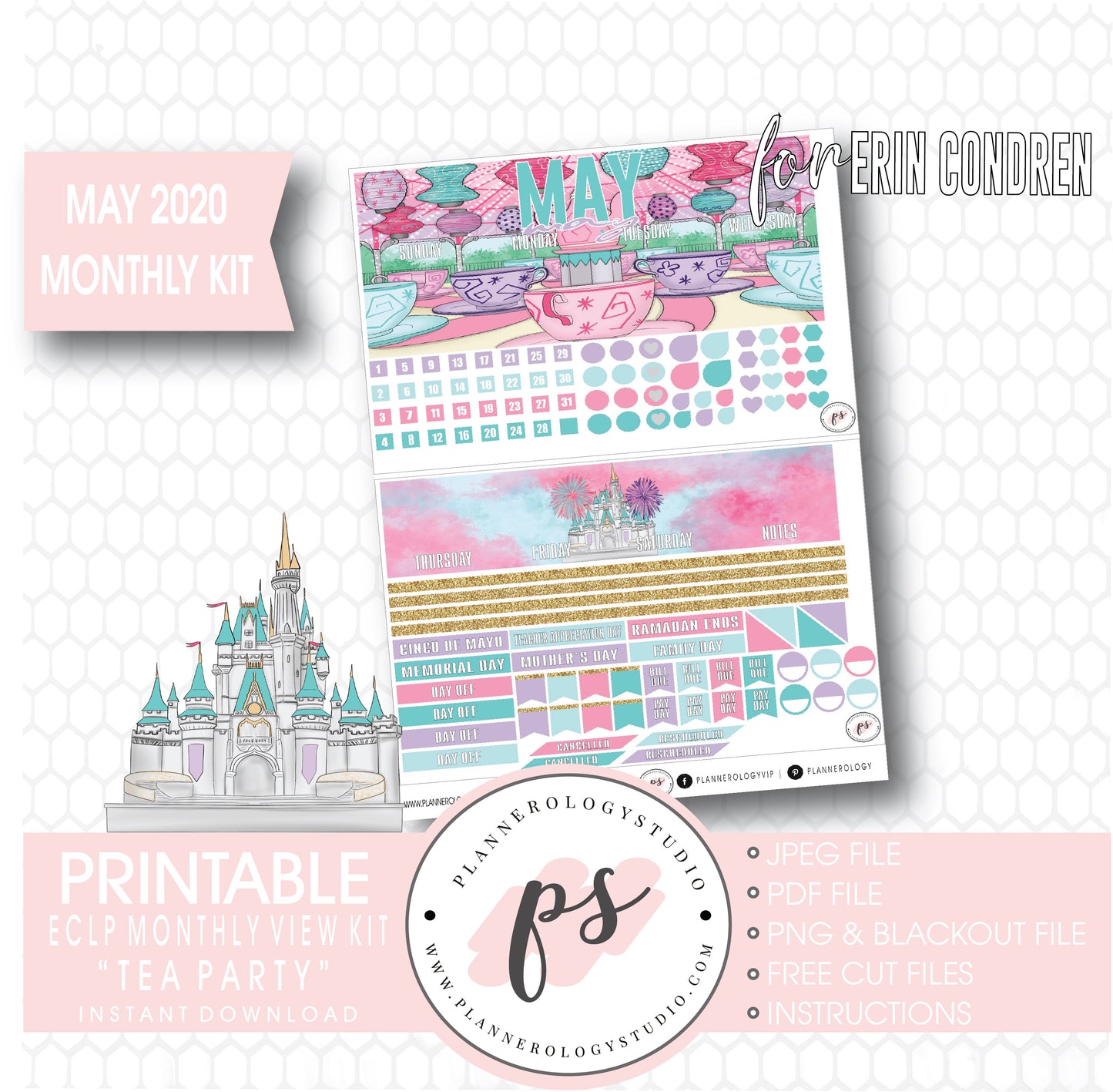 Tea Party May 2020 Monthly View Kit Digital Printable Planner Stickers (for use with Erin Condren) - Plannerologystudio