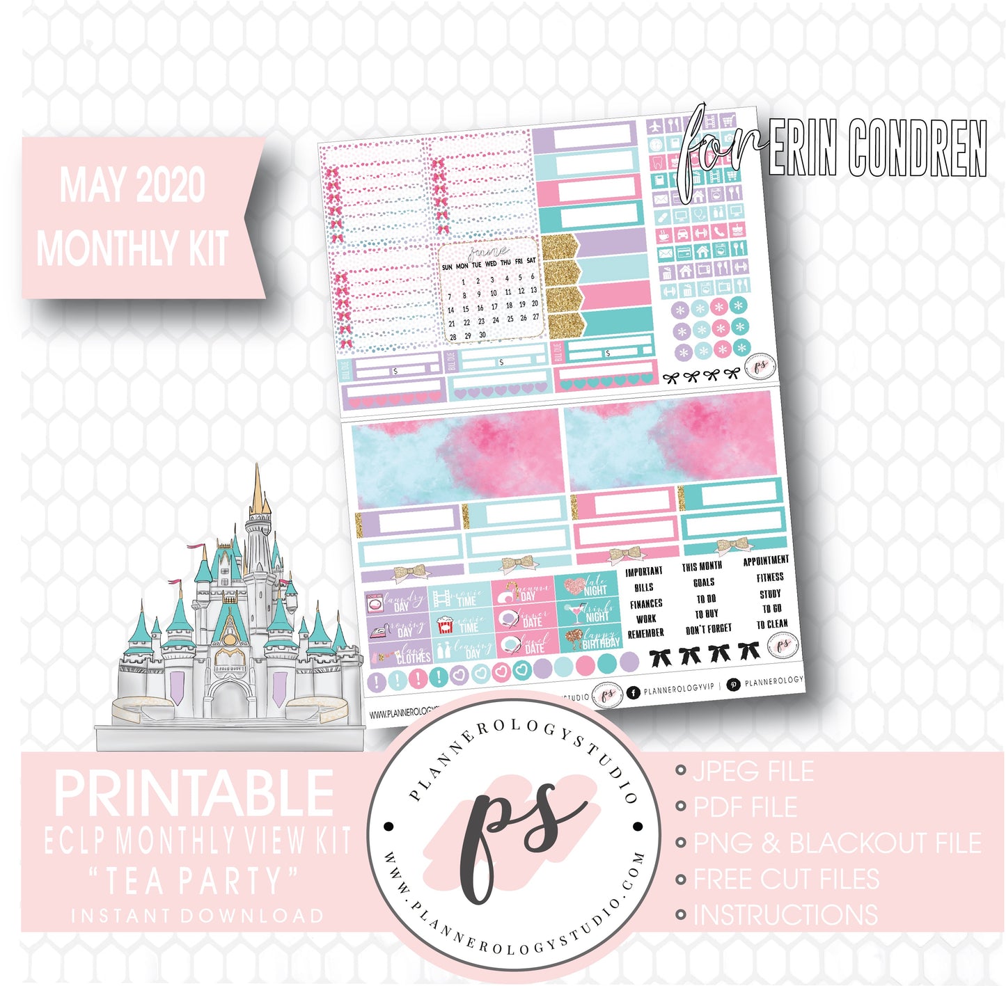 Tea Party May 2020 Monthly View Kit Digital Printable Planner Stickers (for use with Erin Condren) - Plannerologystudio