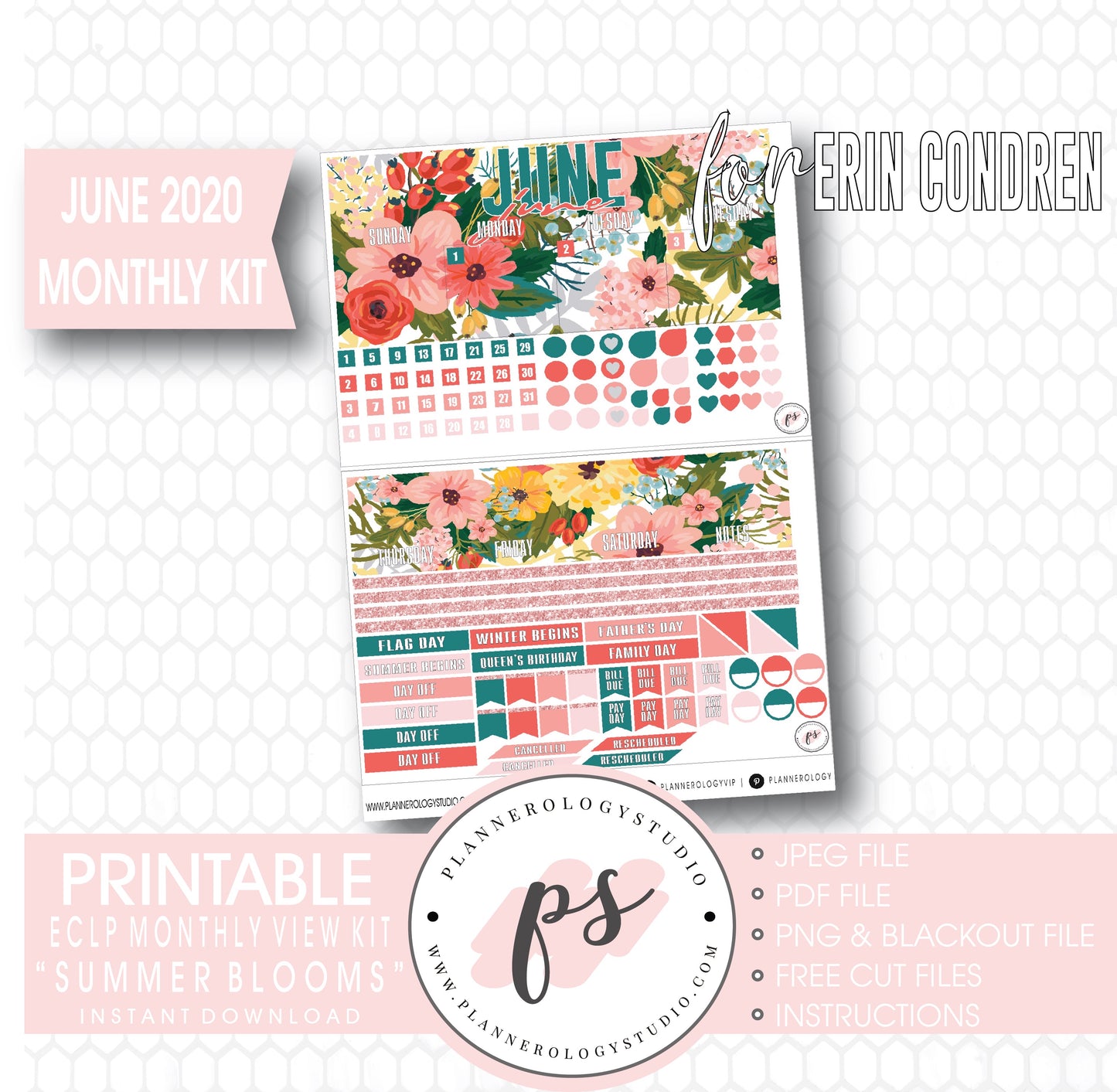 Summer Blooms June 2020 Monthly View Kit Digital Printable Planner Stickers (for use with Erin Condren) - Plannerologystudio
