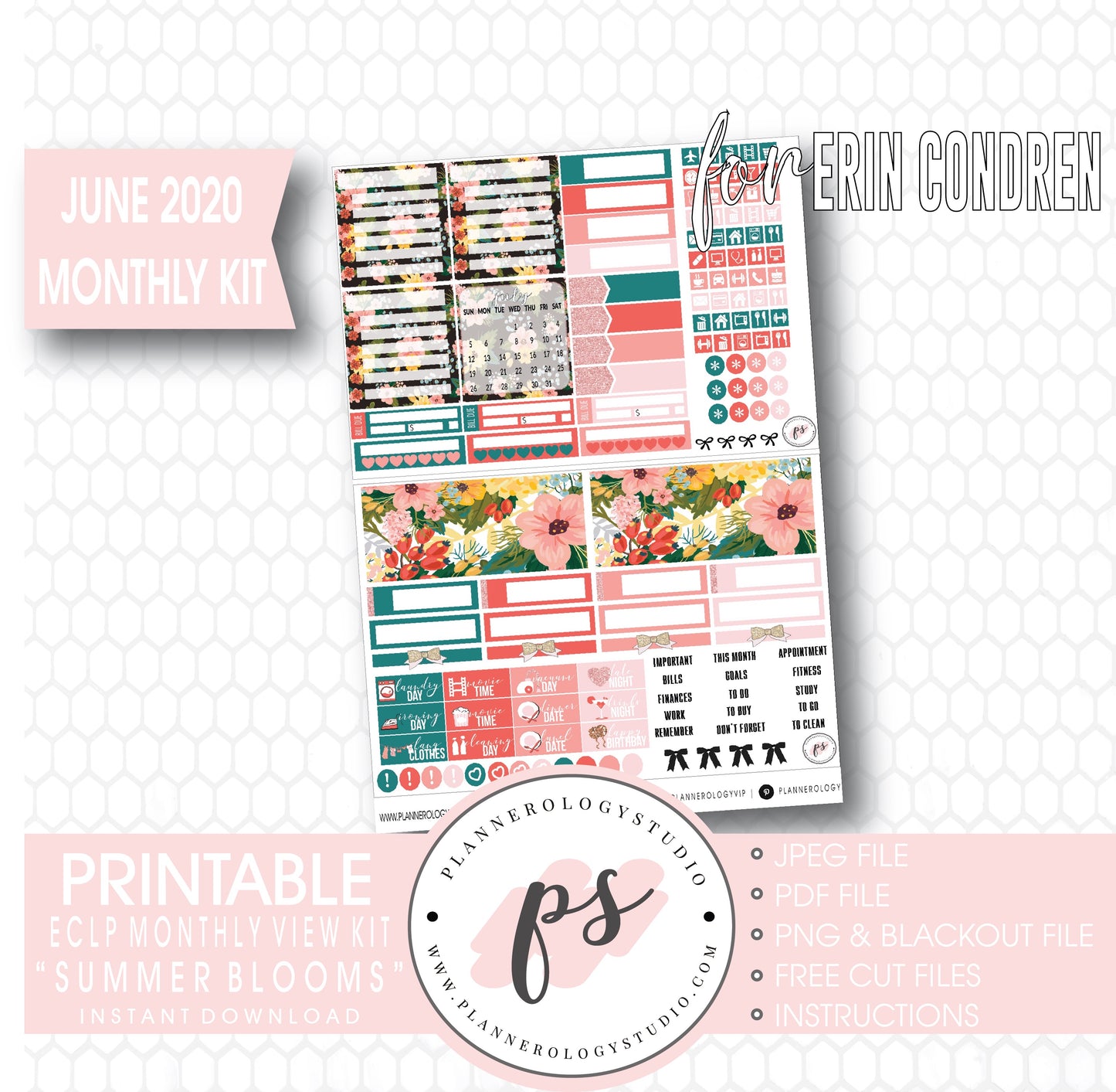 Summer Blooms June 2020 Monthly View Kit Digital Printable Planner Stickers (for use with Erin Condren) - Plannerologystudio