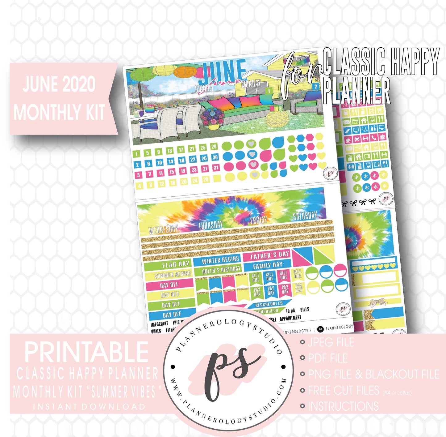 Summer Vibes June 2020 Monthly View Kit Digital Printable Planner Stickers (for use with Classic Happy Planner) - Plannerologystudio