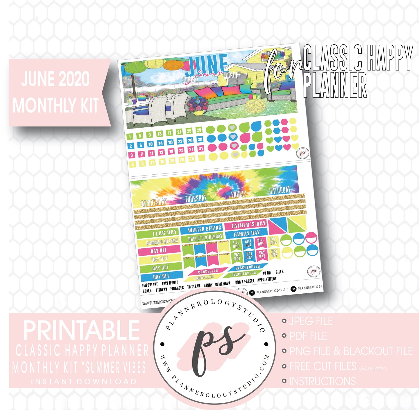 Summer Vibes June 2020 Monthly View Kit Digital Printable Planner Stickers (for use with Classic Happy Planner) - Plannerologystudio