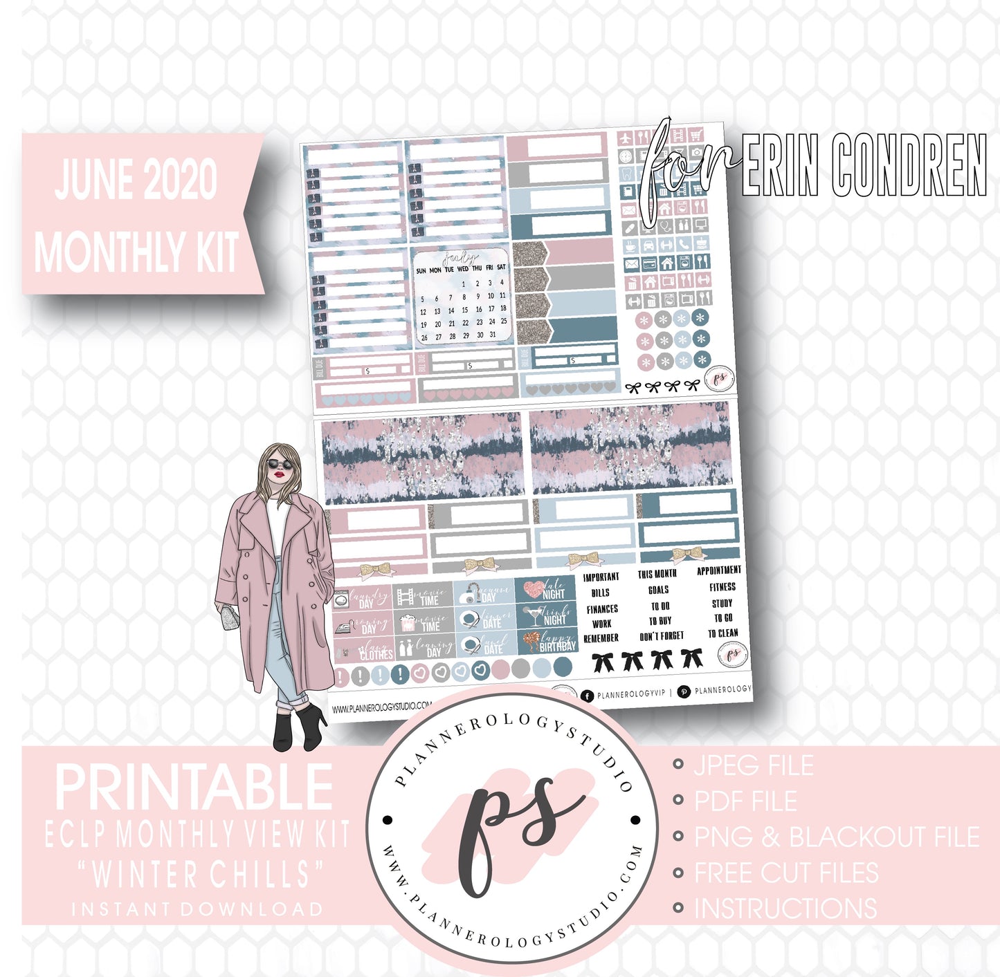 Winter Chills June 2020 Monthly View Kit Digital Printable Planner Stickers (for use with Erin Condren) - Plannerologystudio