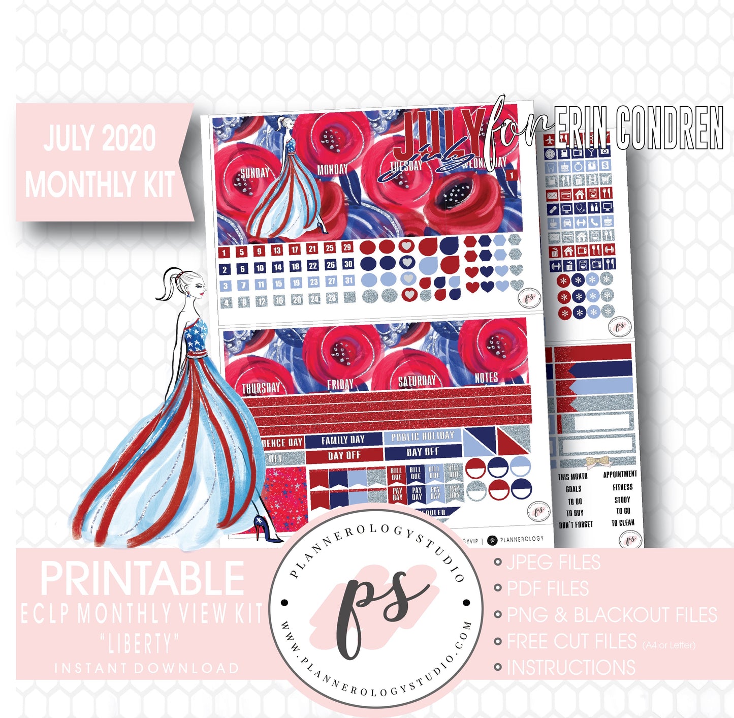 Liberty Independence Day July 2020 Monthly View Kit Digital Printable Planner Stickers (for use with Erin Condren) - Plannerologystudio