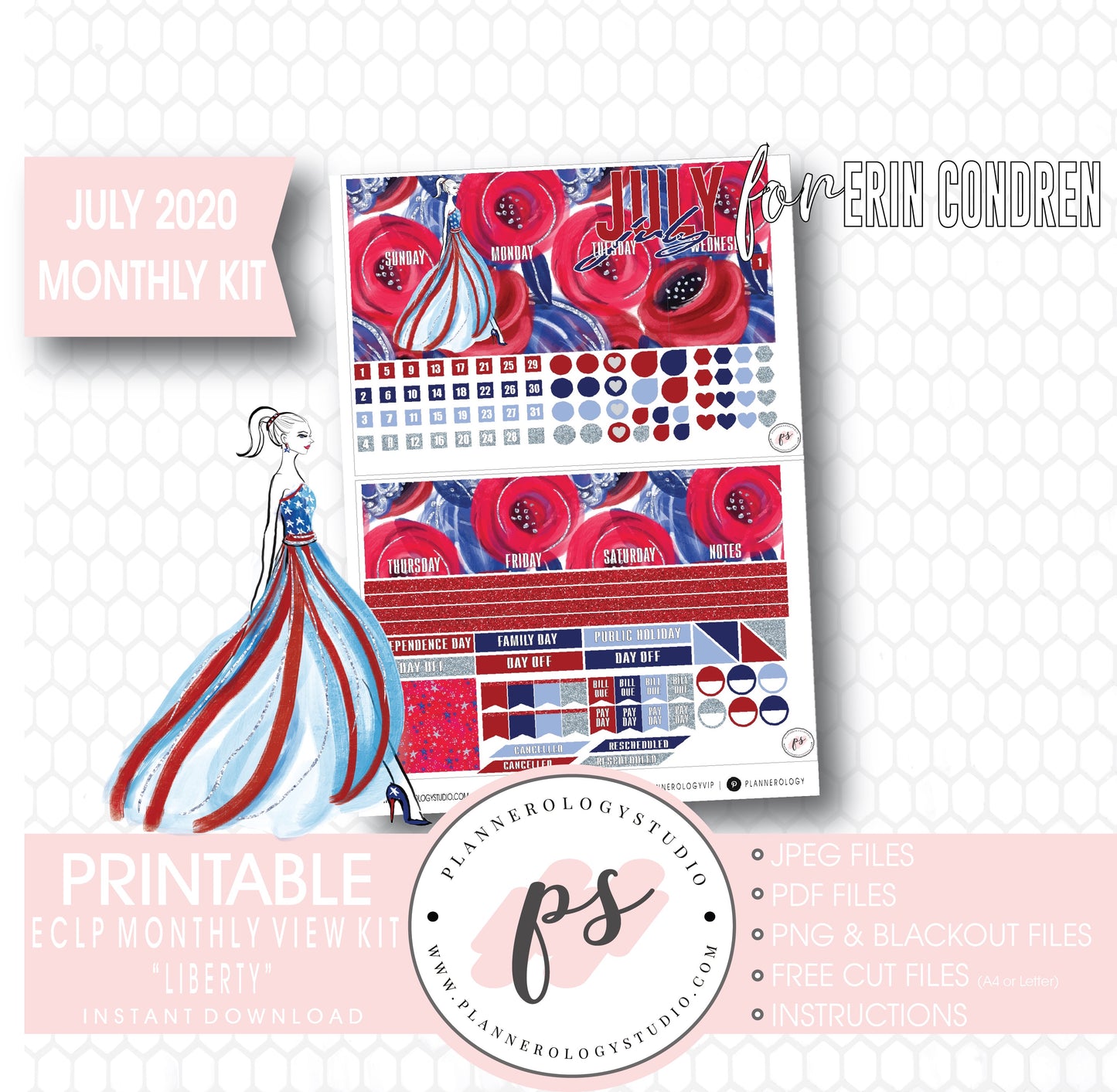 Liberty Independence Day July 2020 Monthly View Kit Digital Printable Planner Stickers (for use with Erin Condren) - Plannerologystudio