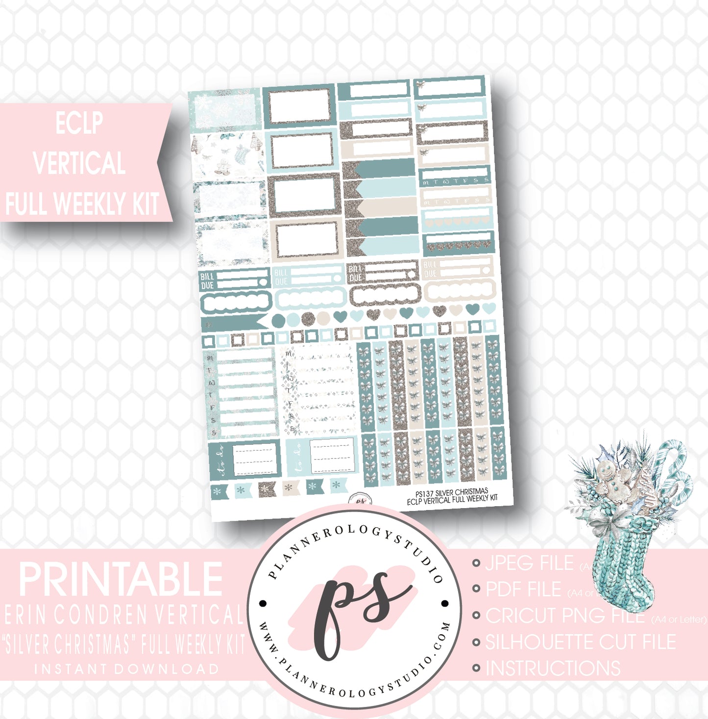 Silver Christmas Full Weekly Kit Printable Planner Stickers (for use with ECLP Vertical) - Plannerologystudio
