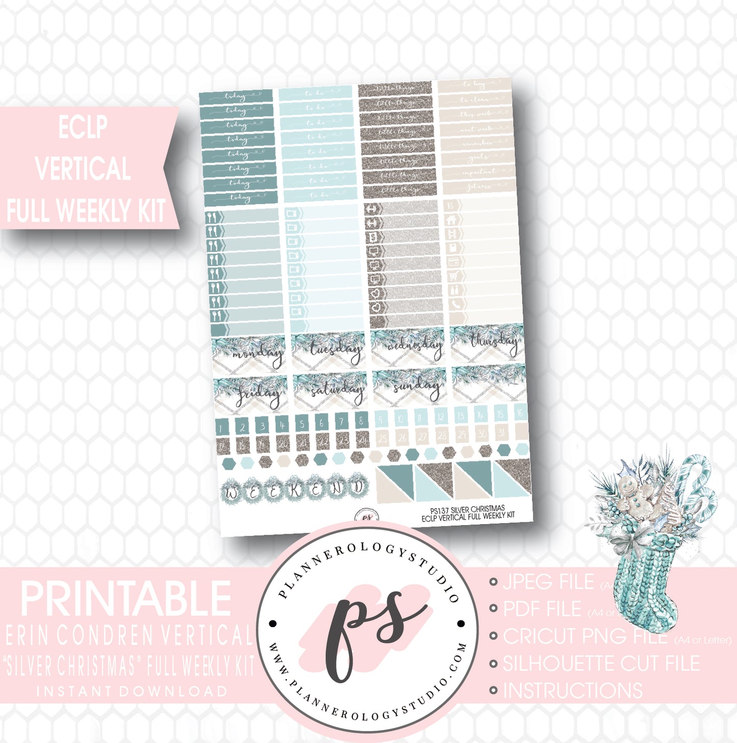Silver Christmas Full Weekly Kit Printable Planner Stickers (for use with ECLP Vertical) - Plannerologystudio