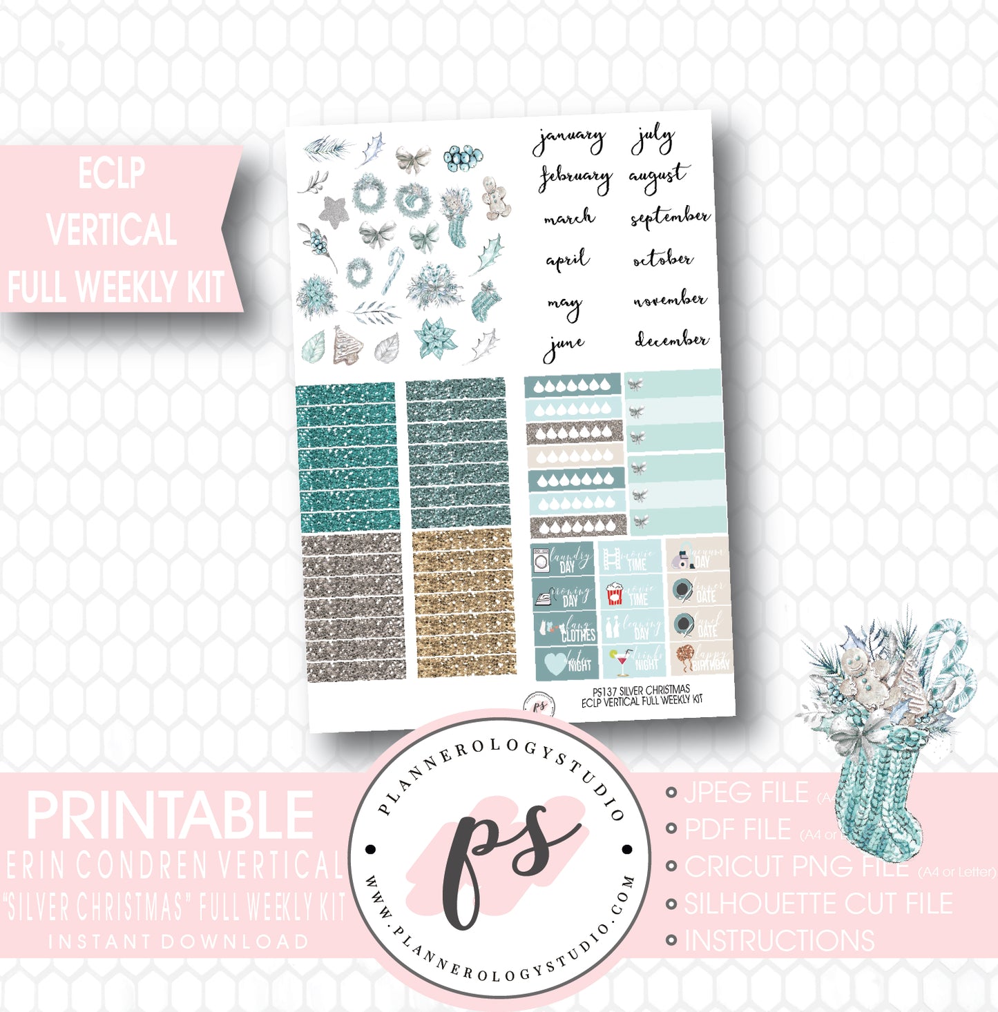 Silver Christmas Full Weekly Kit Printable Planner Stickers (for use with ECLP Vertical) - Plannerologystudio