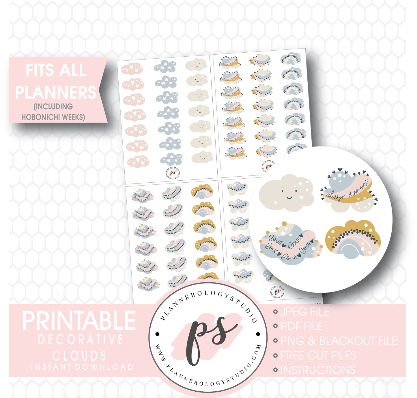 Decorative Cloud Doodle Icons Digital Printable Planner Stickers