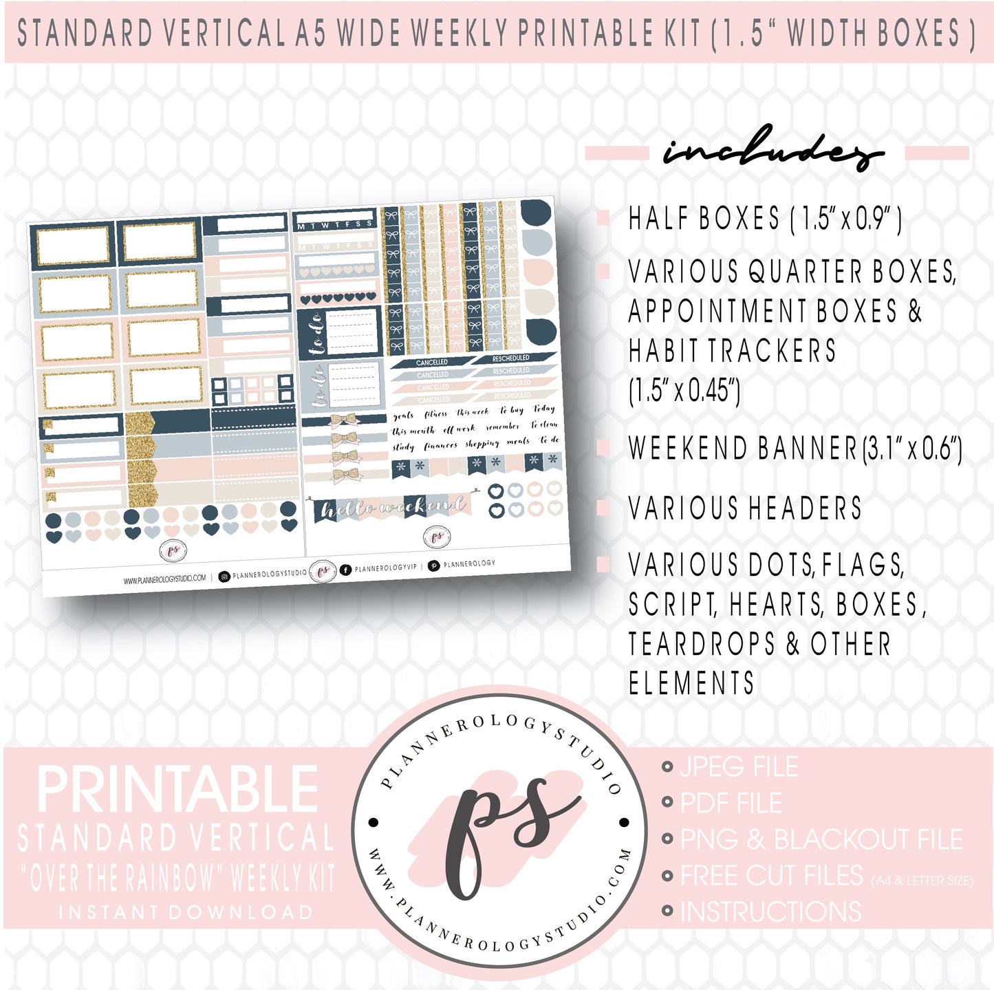 Over the Rainbow Weekly Kit Printable Planner Digital Stickers (for use with Standard Vertical A5 Wide Planners)