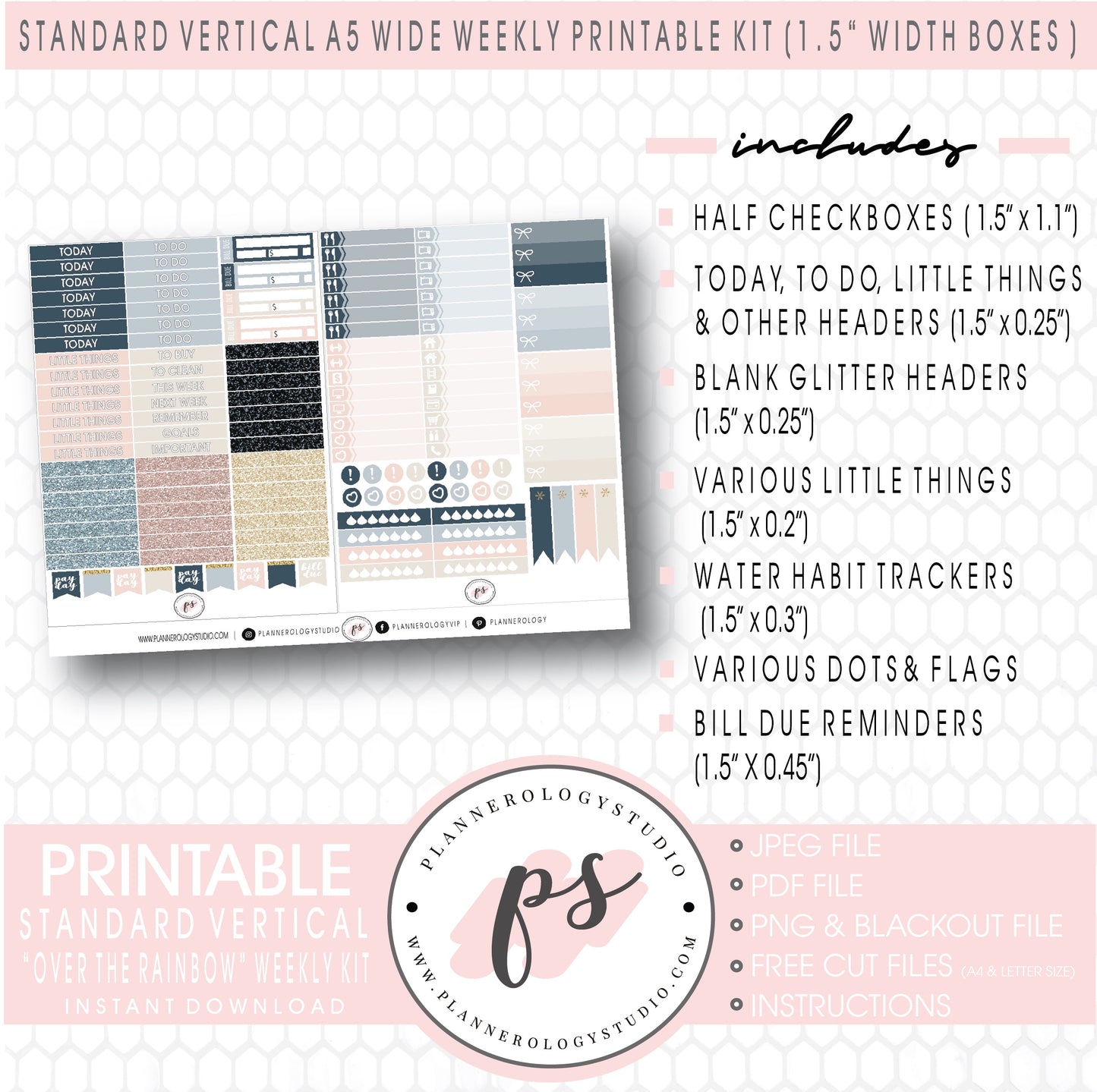 Over the Rainbow Weekly Kit Printable Planner Digital Stickers (for use with Standard Vertical A5 Wide Planners)